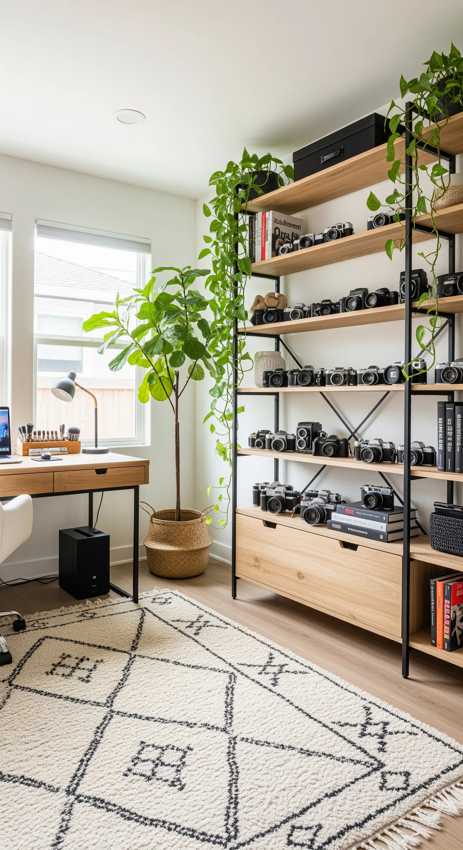 Offenes Holzregal, gefüllt mit einer Sammlung von Vintage-Kameras und grünen Zimmerpflanzen.