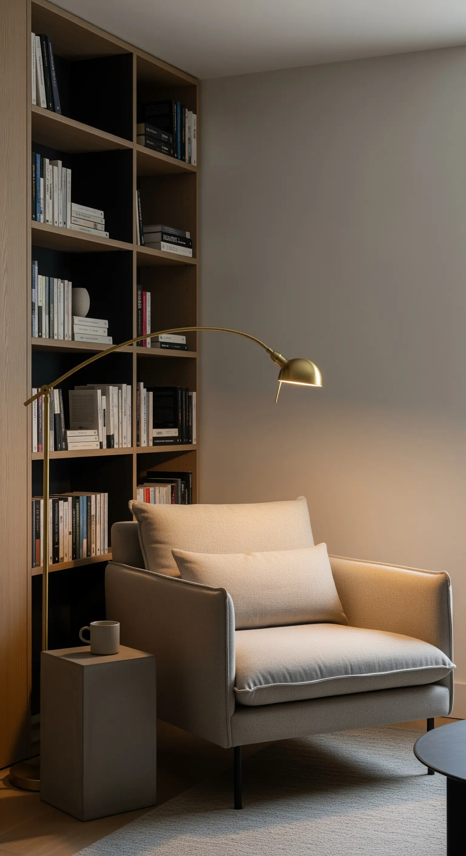 Gemütliche Leseecke mit einem bequemen Sessel und einer warmen Messing-Stehlampe.