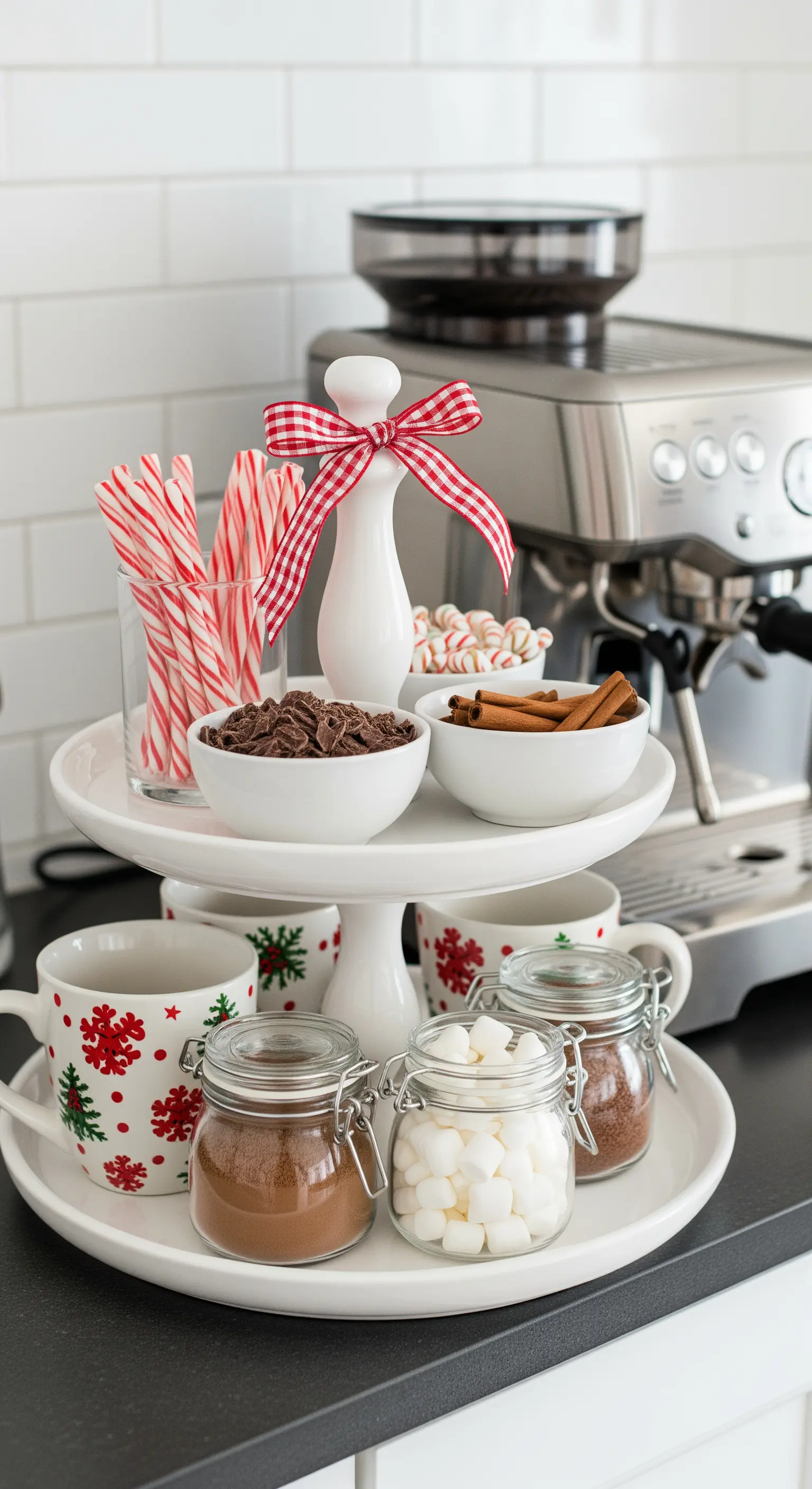 Weiße Etagere als Kakaobar mit Tassen, Marshmallows, Zuckerstangen und Schokolade.