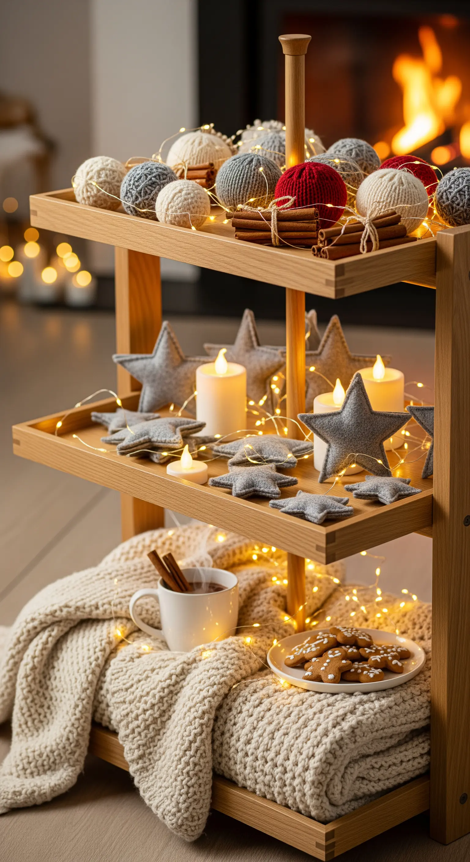 Holz-Etagere als gemütliche Hygge-Ecke mit Wolle, Filzsternen, Kerzen und Keksen.