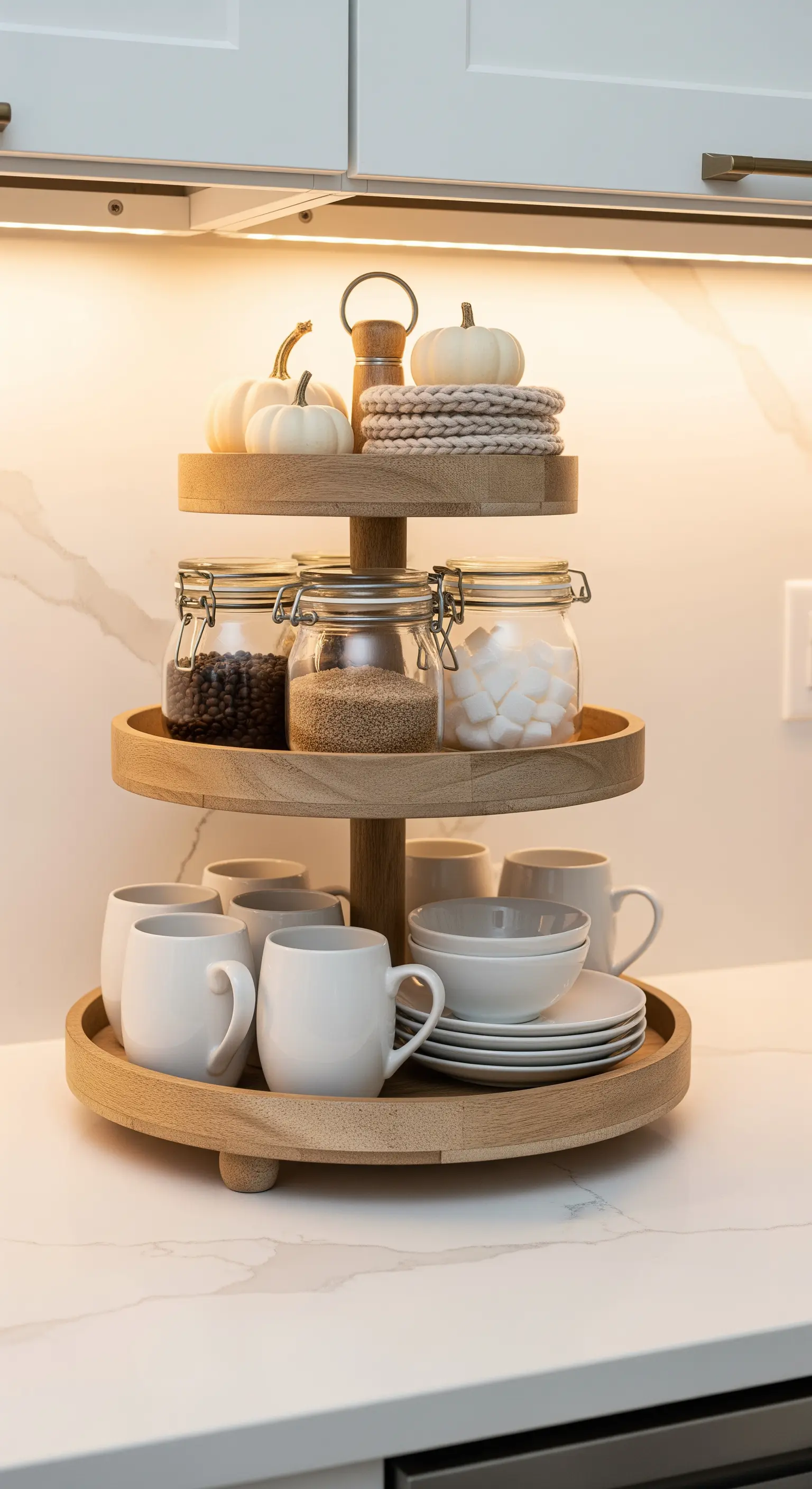 Dreistöckige Holz-Etagere als Kaffee-Bar in der Küche, dekoriert mit Tassen und Herbstkürbissen.