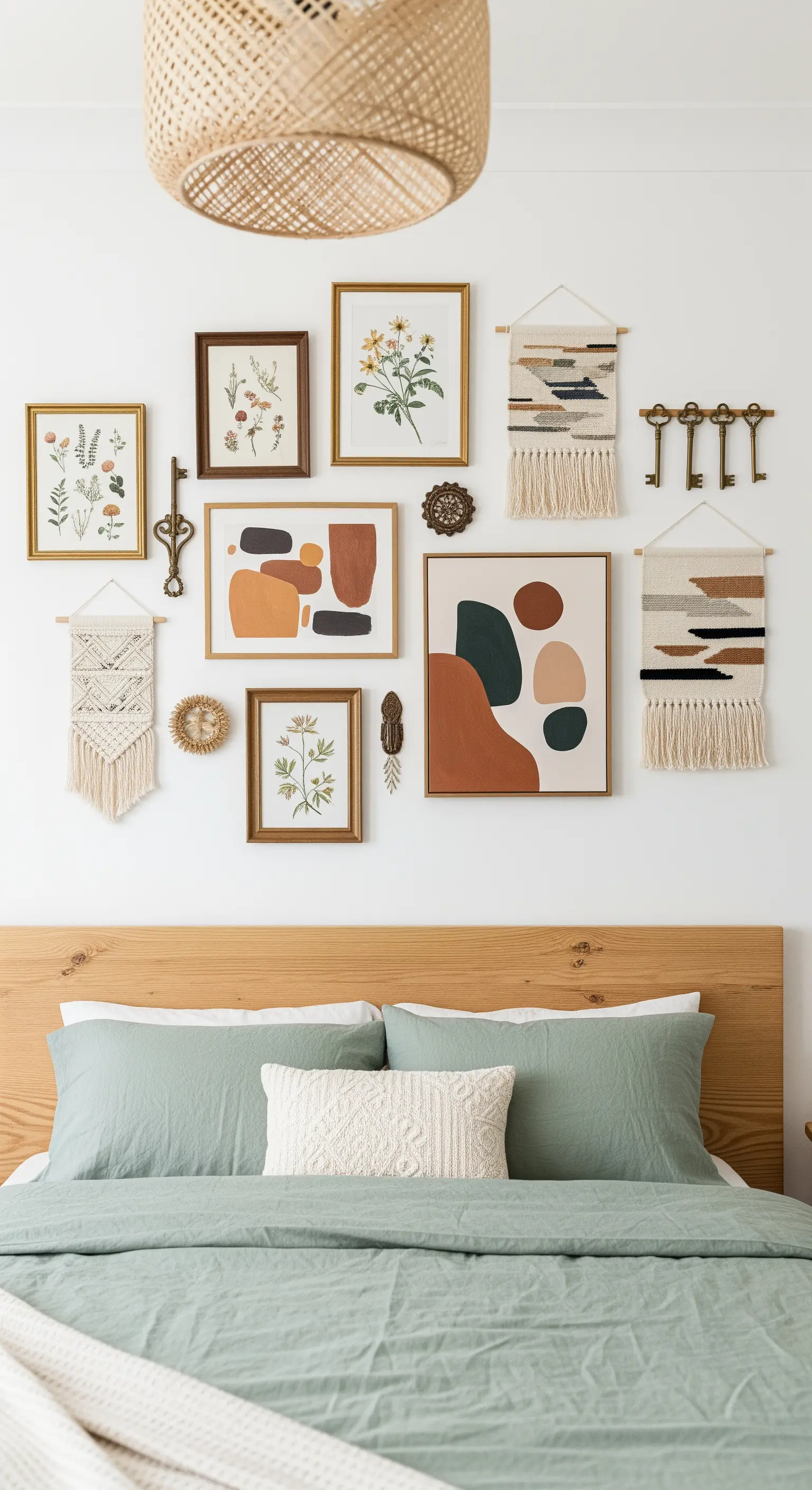 Eklektische Galeriewand über einem Bett mit einer Mischung aus Kunst, Zeichnungen und Objekten