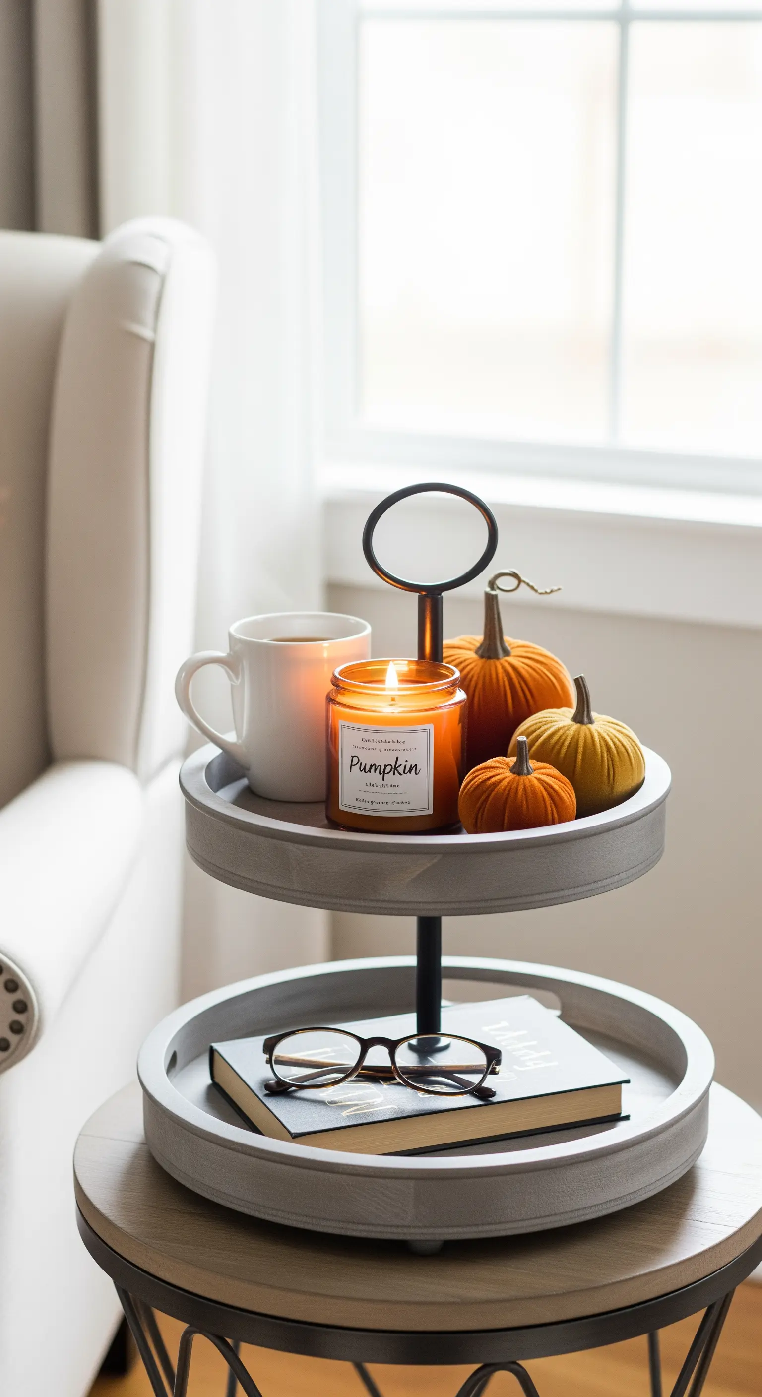 Gemütliche Herbst-Etagere neben einem Sessel mit Buch und Kerze.