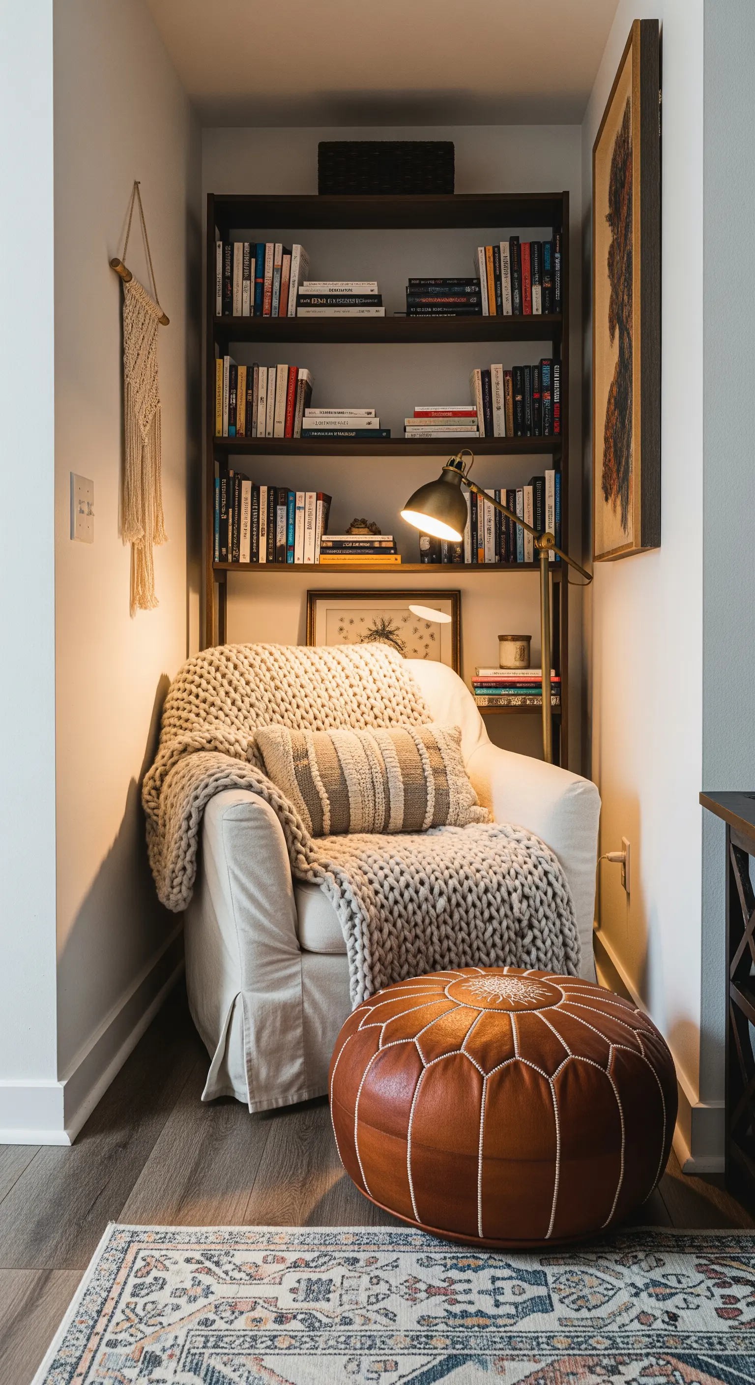 Gemütliche Leseecke in einer Nische mit Sessel, Decke, Bücherregal und einer Stehlampe.