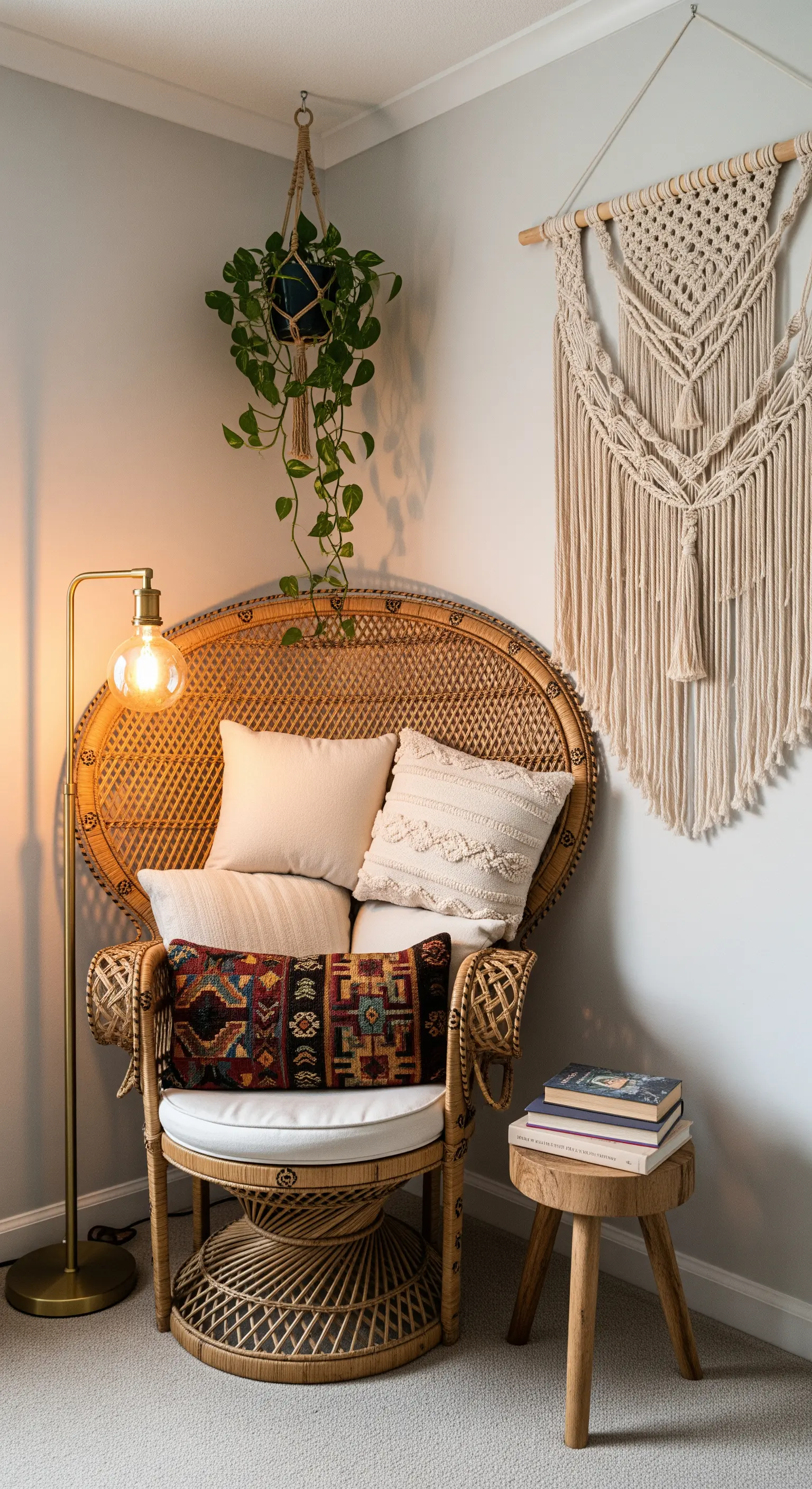 Gemütliche Leseecke mit einem Rattan-Sessel, Makramee-Wandbehang und einer warmen Stehlampe.