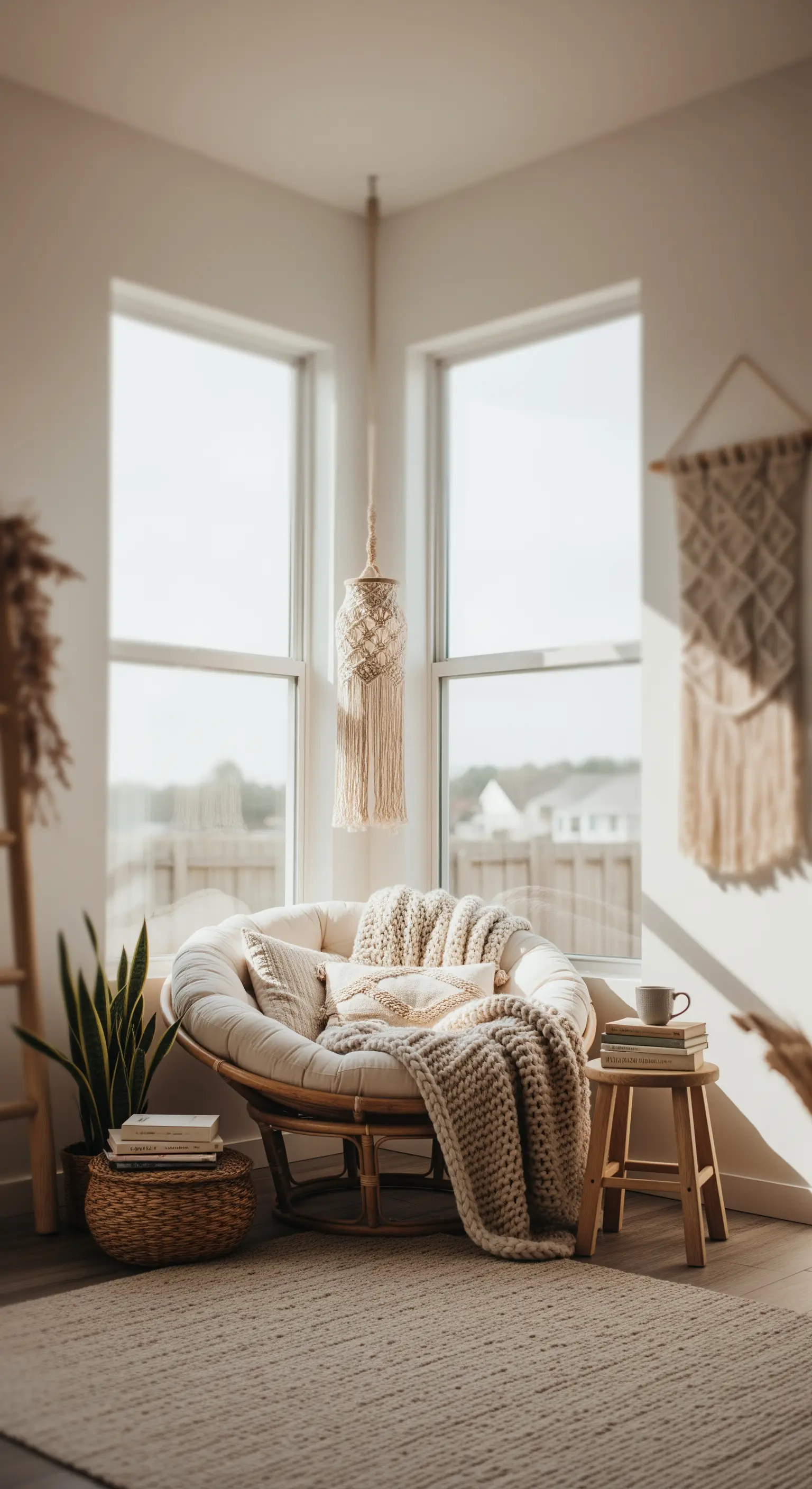 Gemütliche Boho-Leseecke mit einem Papasan-Sessel und Strickdecke am Fenster.