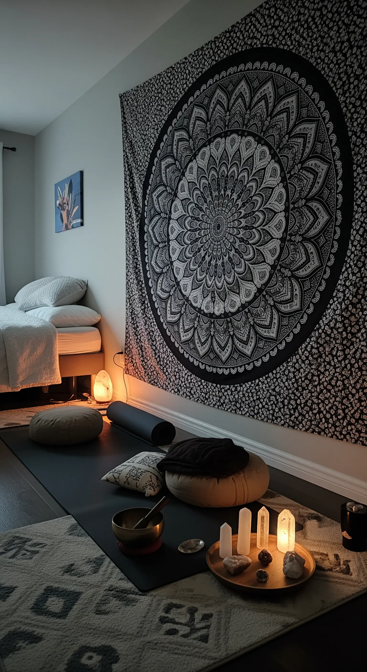 Ruhige Yoga-Ecke mit Mandala-Wandteppich, Yogamatte, Meditationskissen und Salzkristall-Lampe.