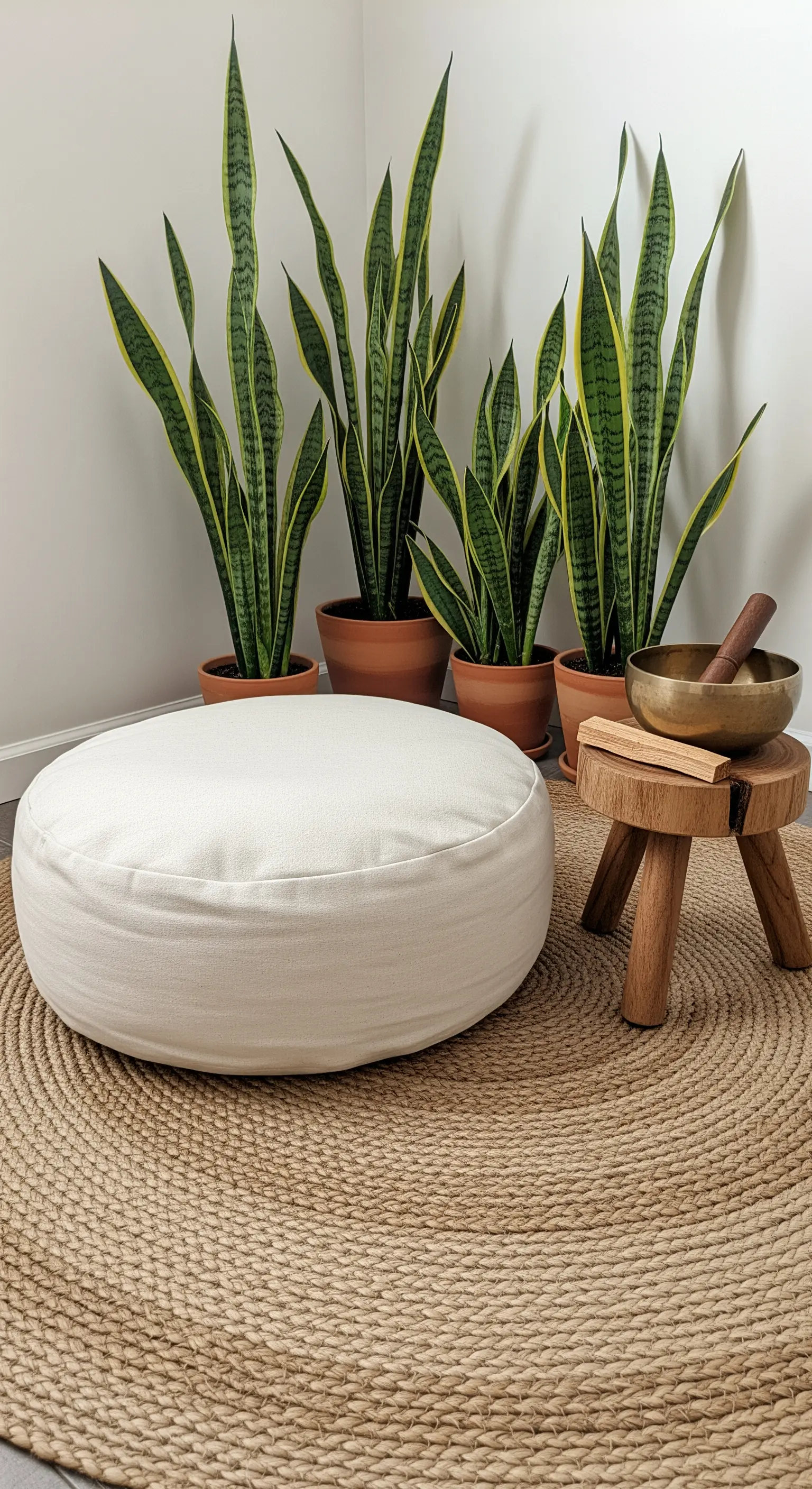 Meditations-Ecke mit Bodenkissen, Jute-Teppich und mehreren Schlangenpflanzen.