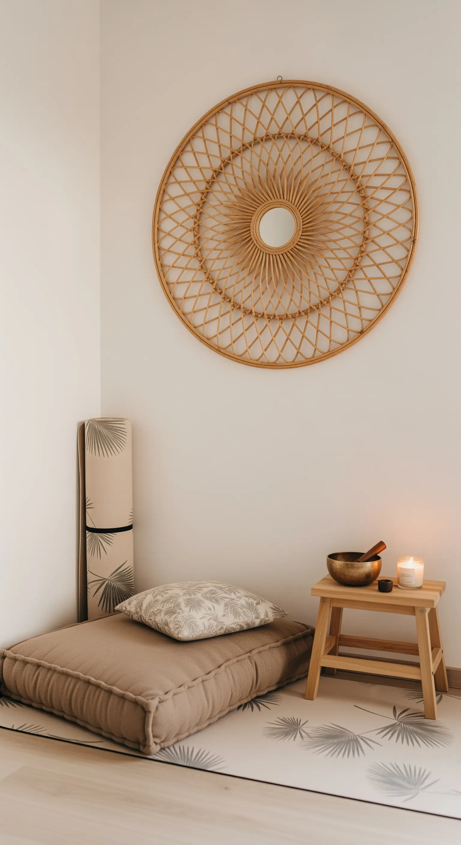 Meditations-Ecke mit Bodenkissen und Rattan-Spiegel