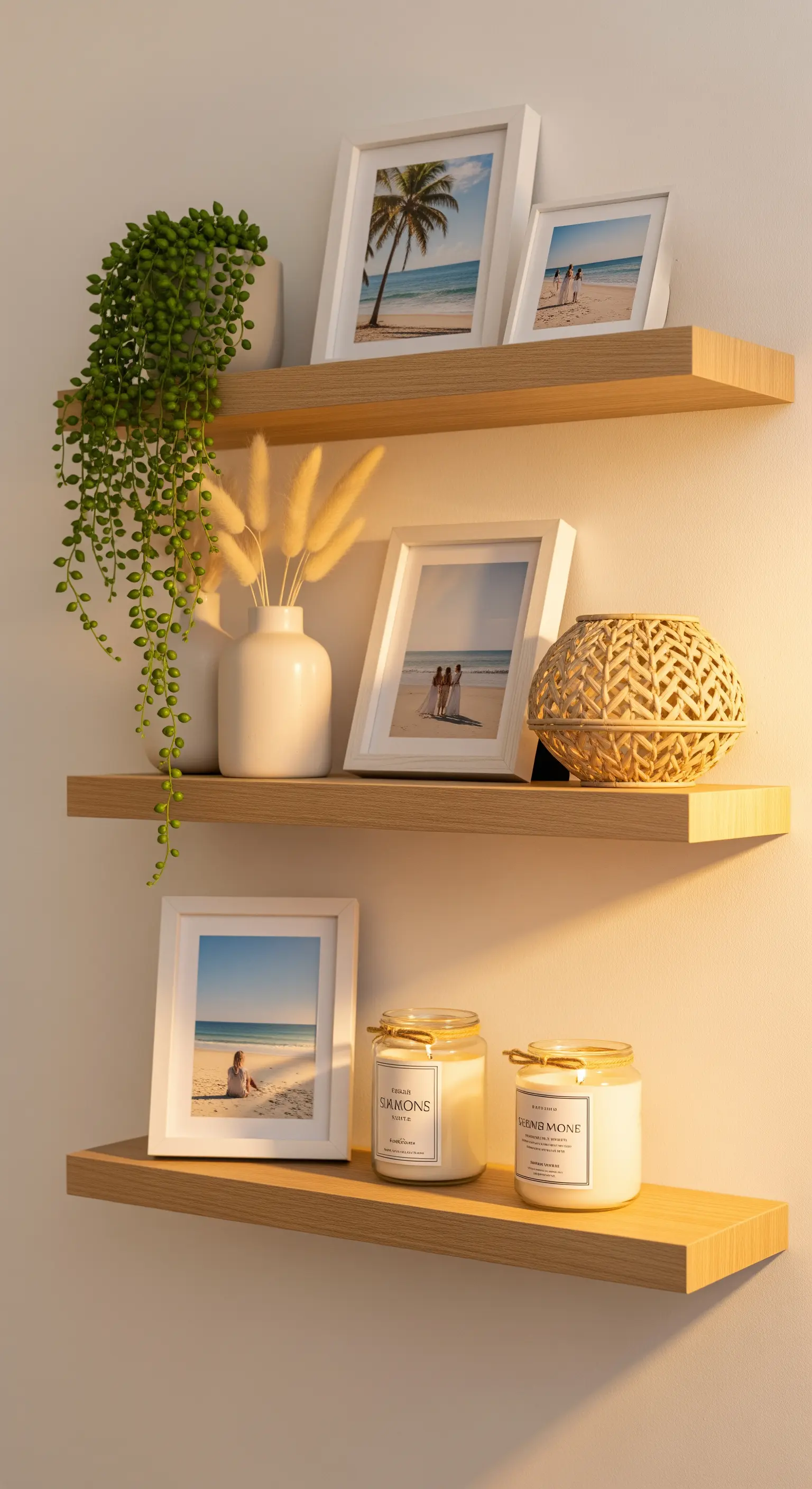 Wandregale mit Urlaubsfotos und natürlicher Deko