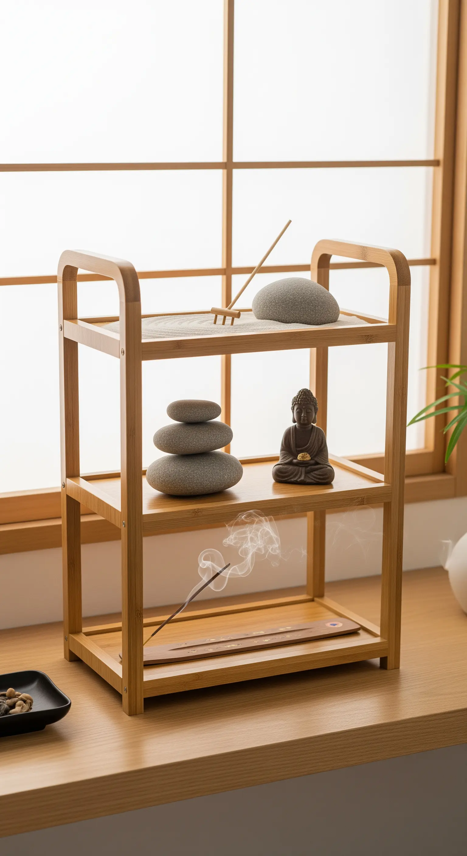 Bambus-Etagere mit Zen-Garten, Steinen und Räucherstäbchen für Meditation.