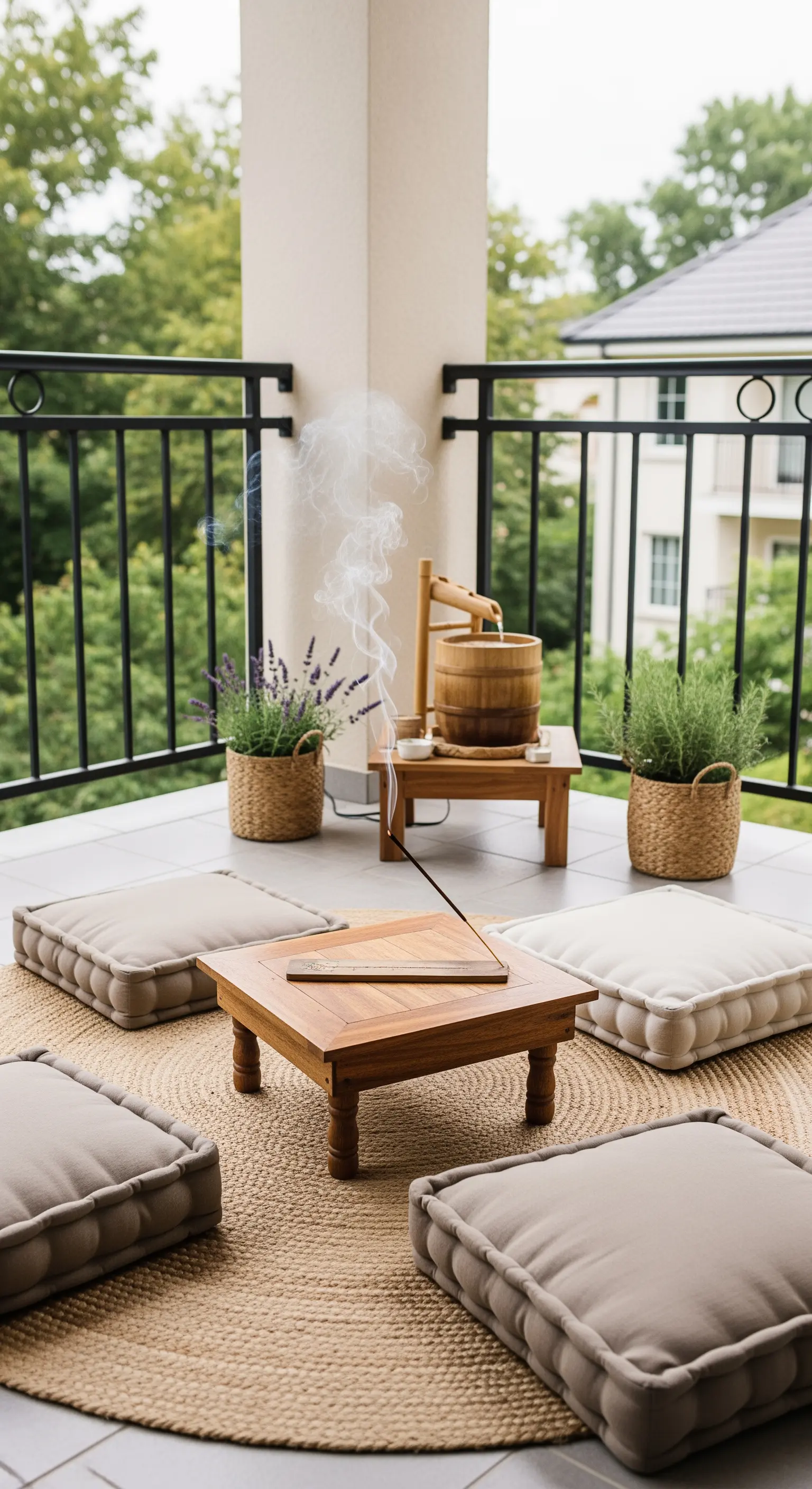 Meditations-Ecke auf einem Balkon mit Bodenkissen, Räucherstäbchen und Lavendel.