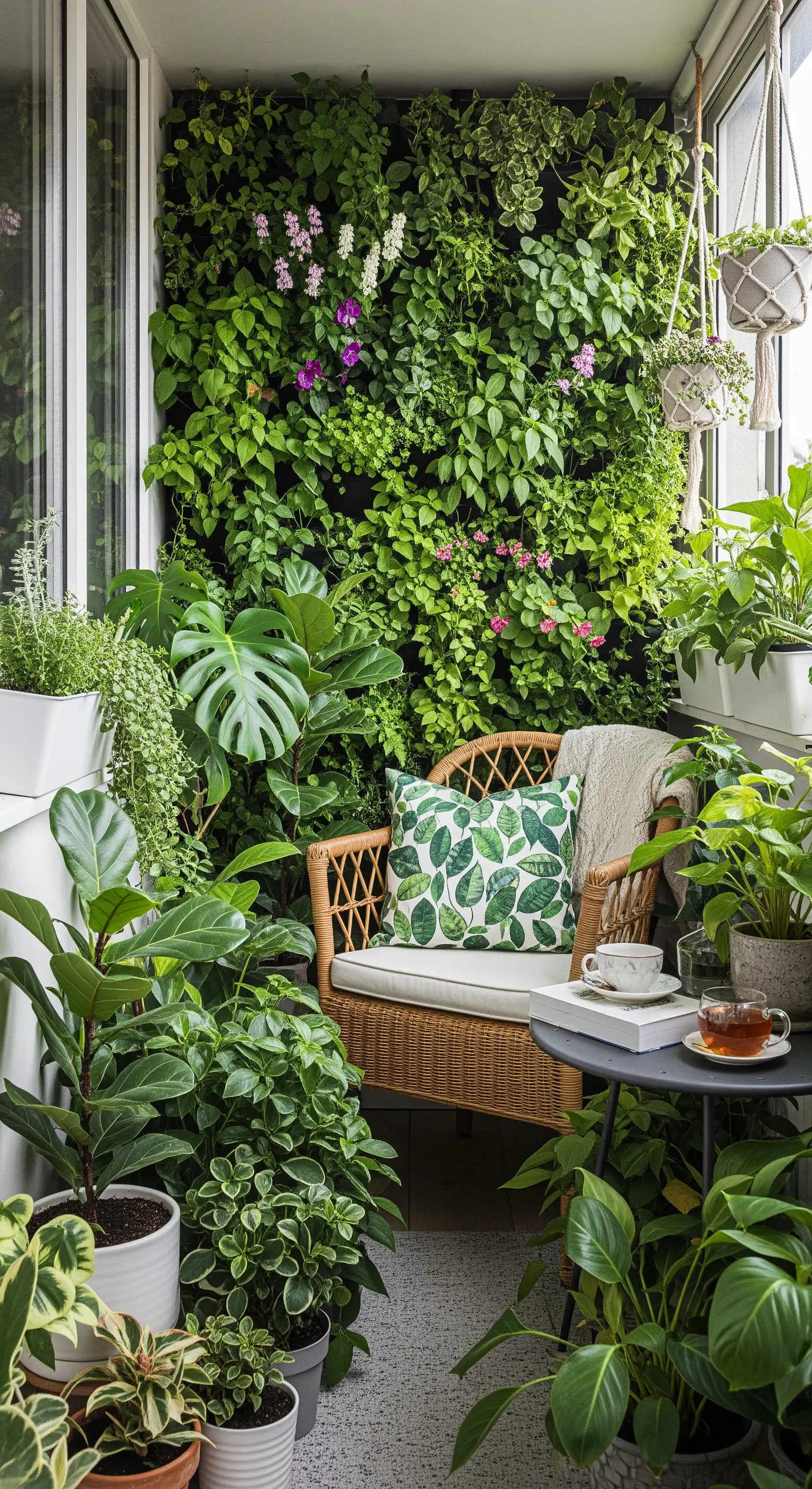 Balkon mit einer üppigen vertikalen Pflanzenwand und einem gemütlichen Rattansessel.