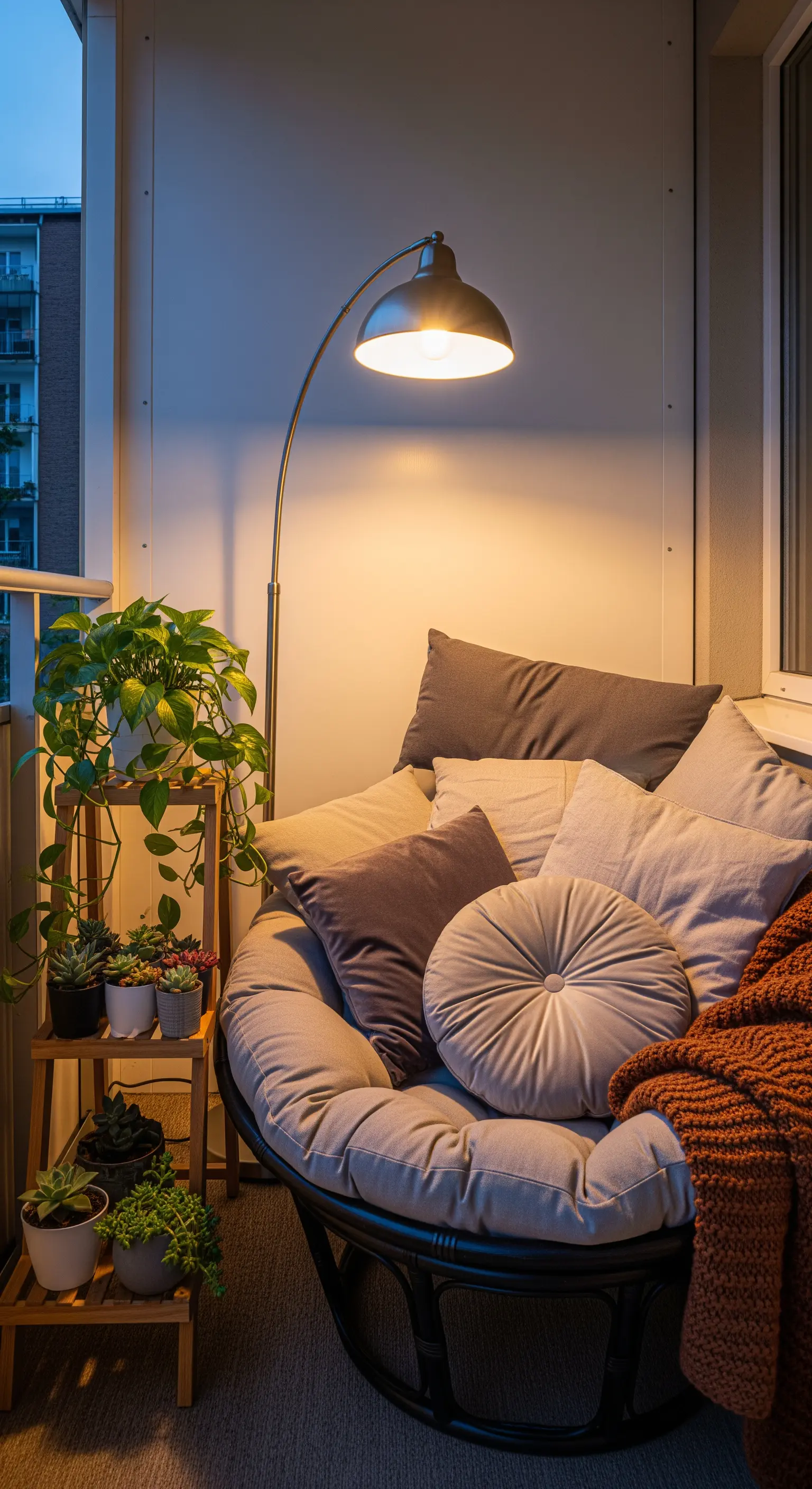 Gemütlicher runder Sessel auf einem Balkon, beleuchtet von einer Stehlampe am Abend.