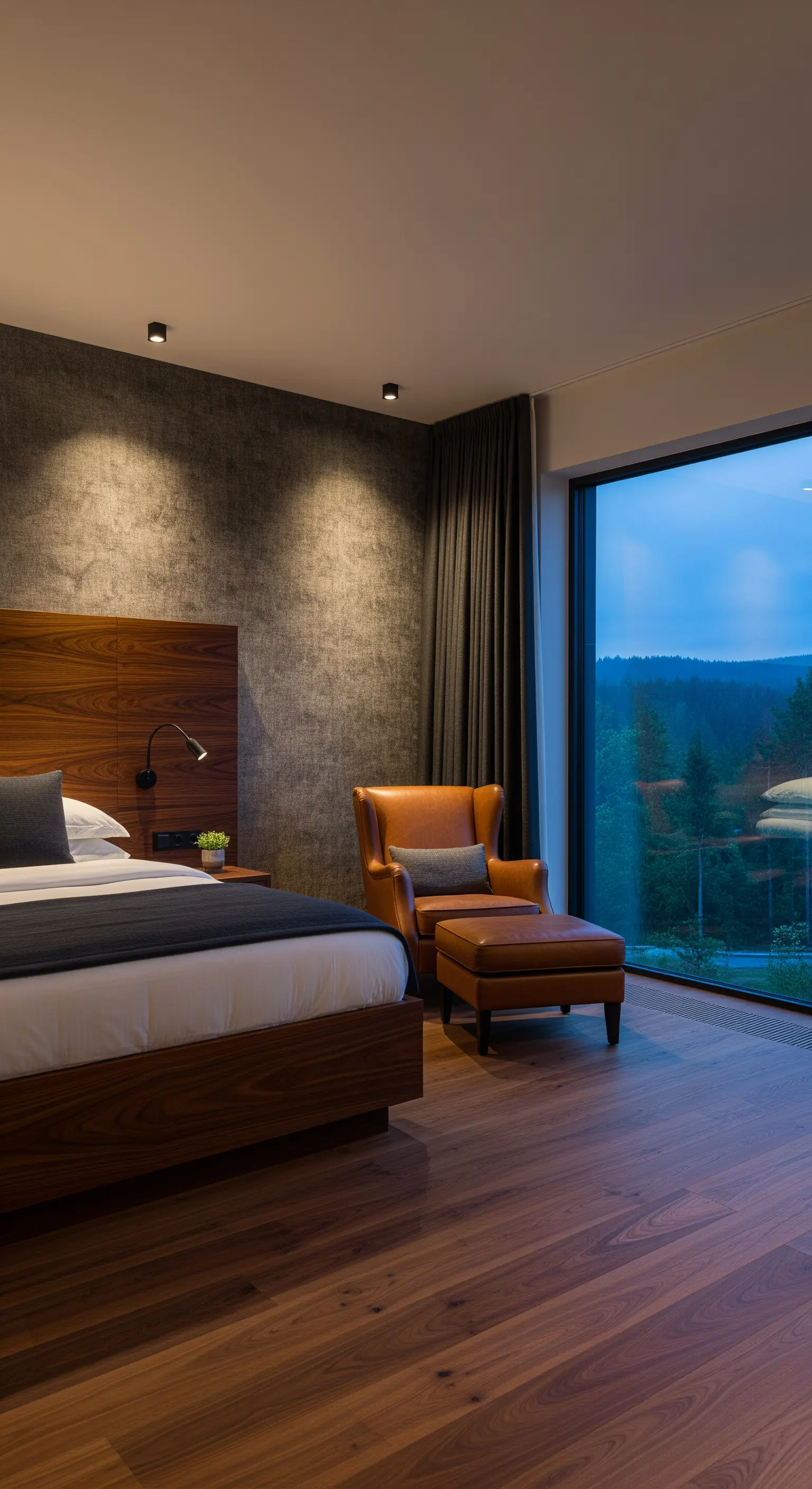 Moderne Leseecke mit cognacfarbenem Ledersessel vor einem großen Panoramafenster.