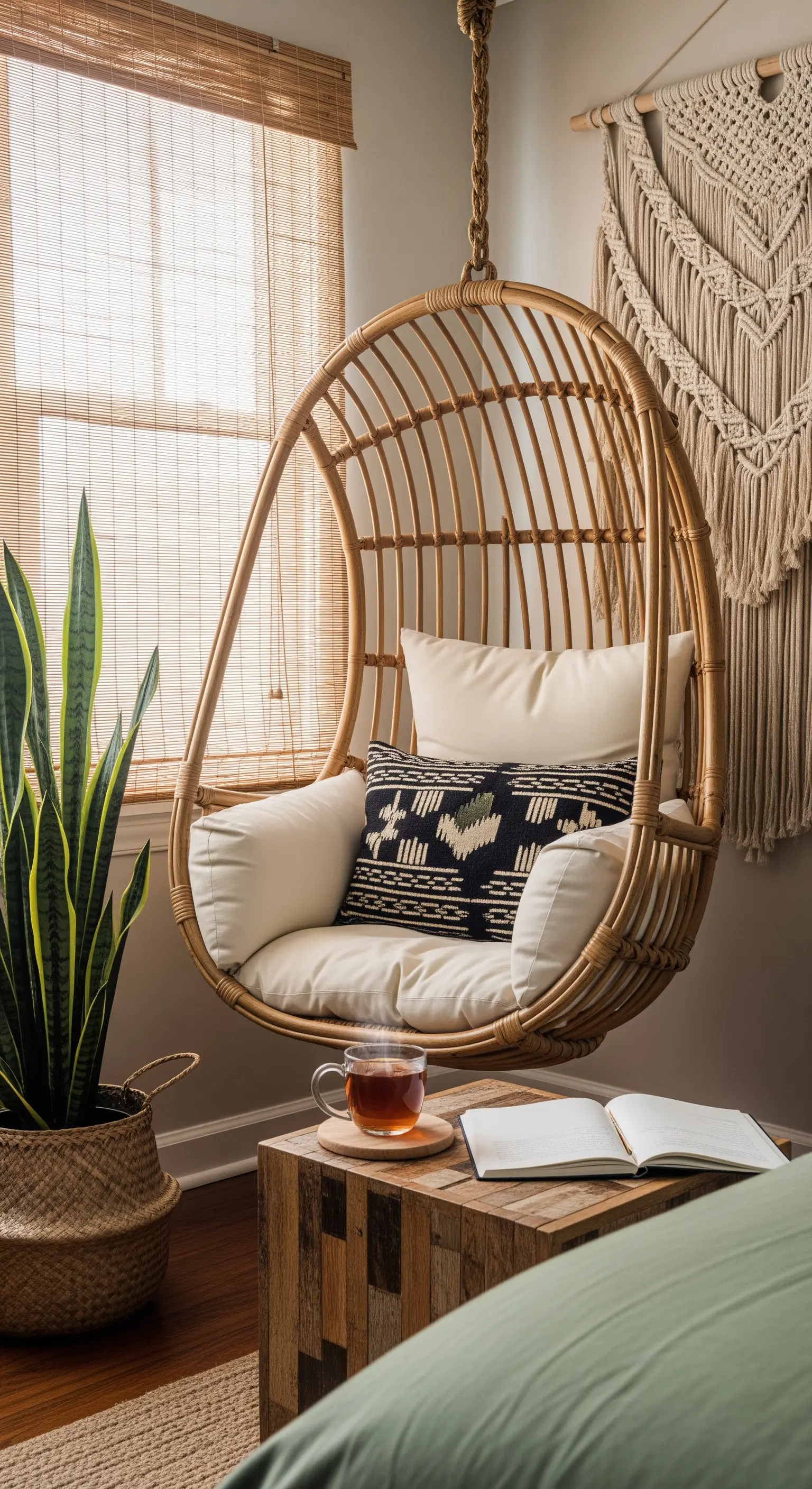 Hängesessel aus Rattan in einer gemütlichen Leseecke eines Boho-Schlafzimmers
