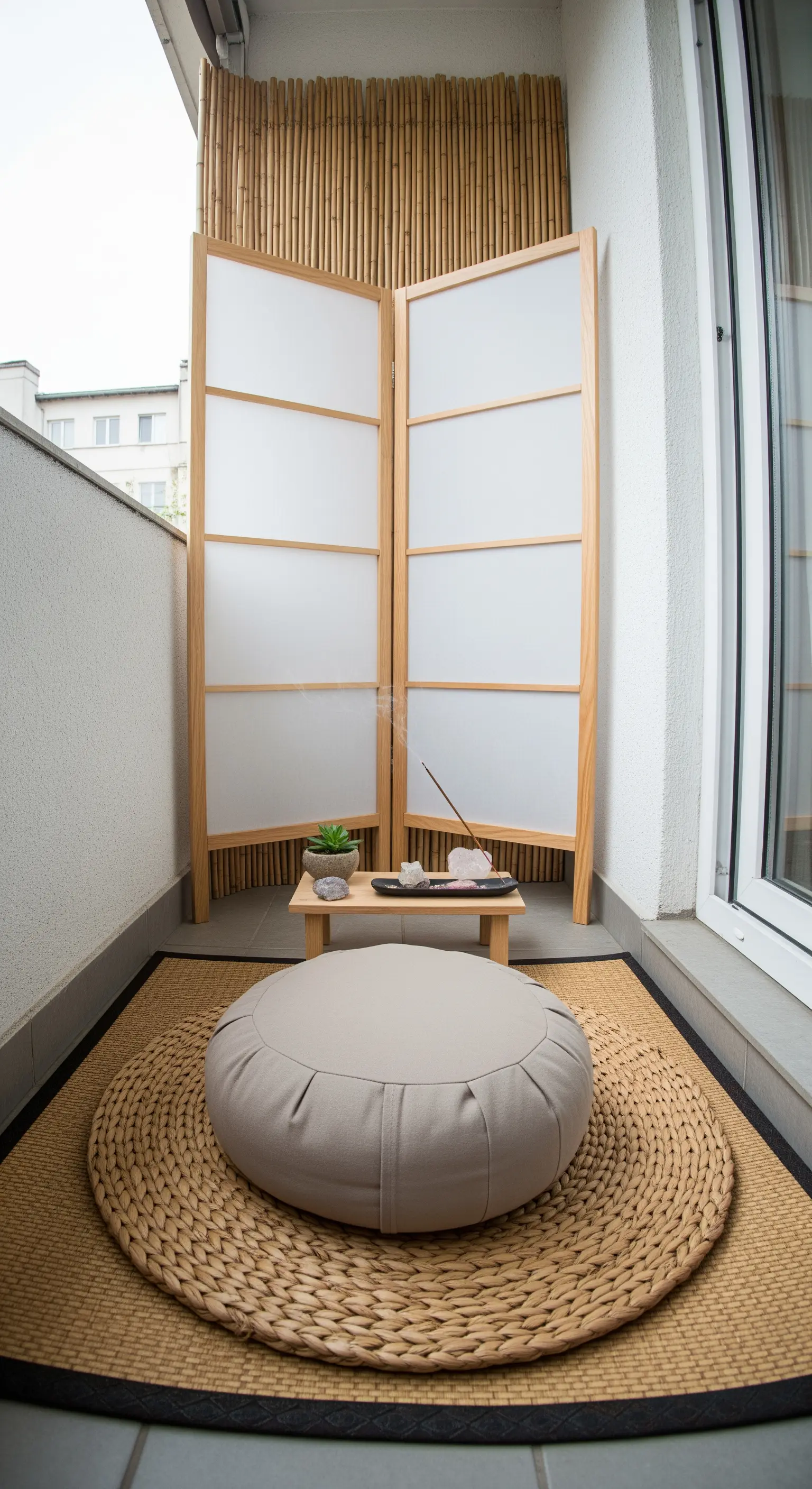 Minimalistischer Balkon mit japanischem Paravent und einem Meditationskissen auf einer Bastmatte.