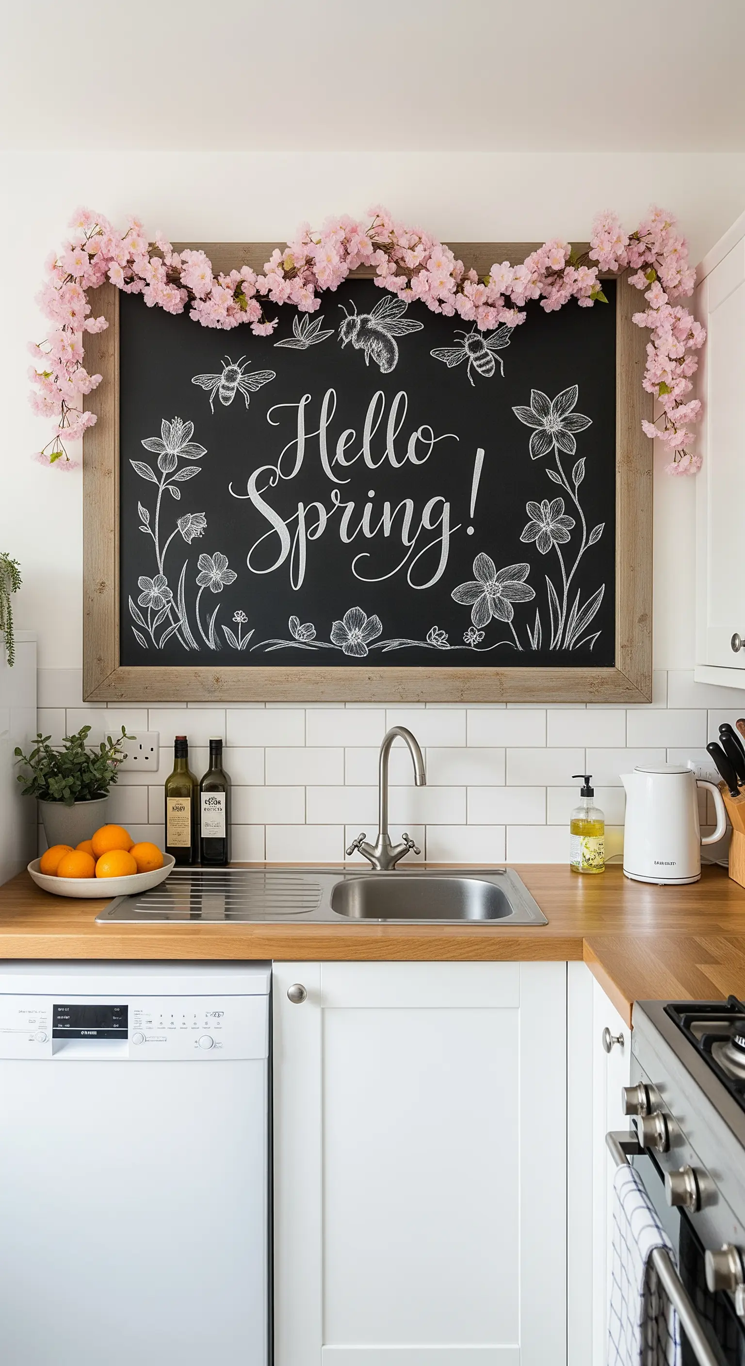 Große Kreidetafel mit der Aufschrift „Hello Spring“, umrahmt von einer rosa Blütengirlande