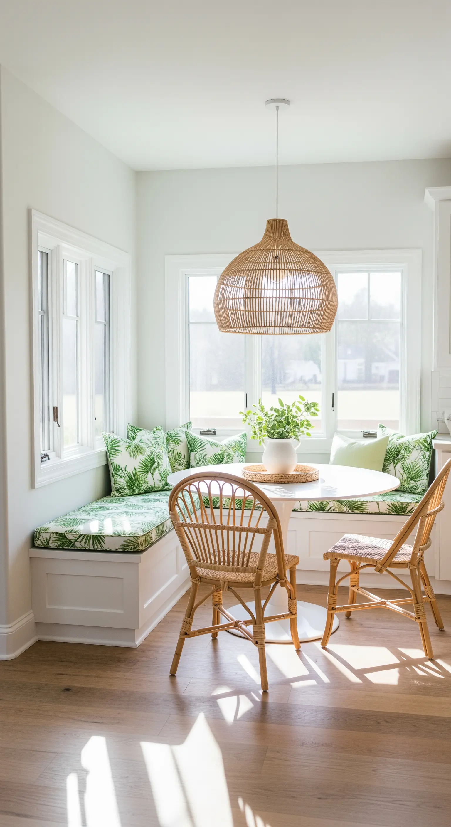 Helle Frühstücksecke mit Sitzbank und Palmen-Kissen