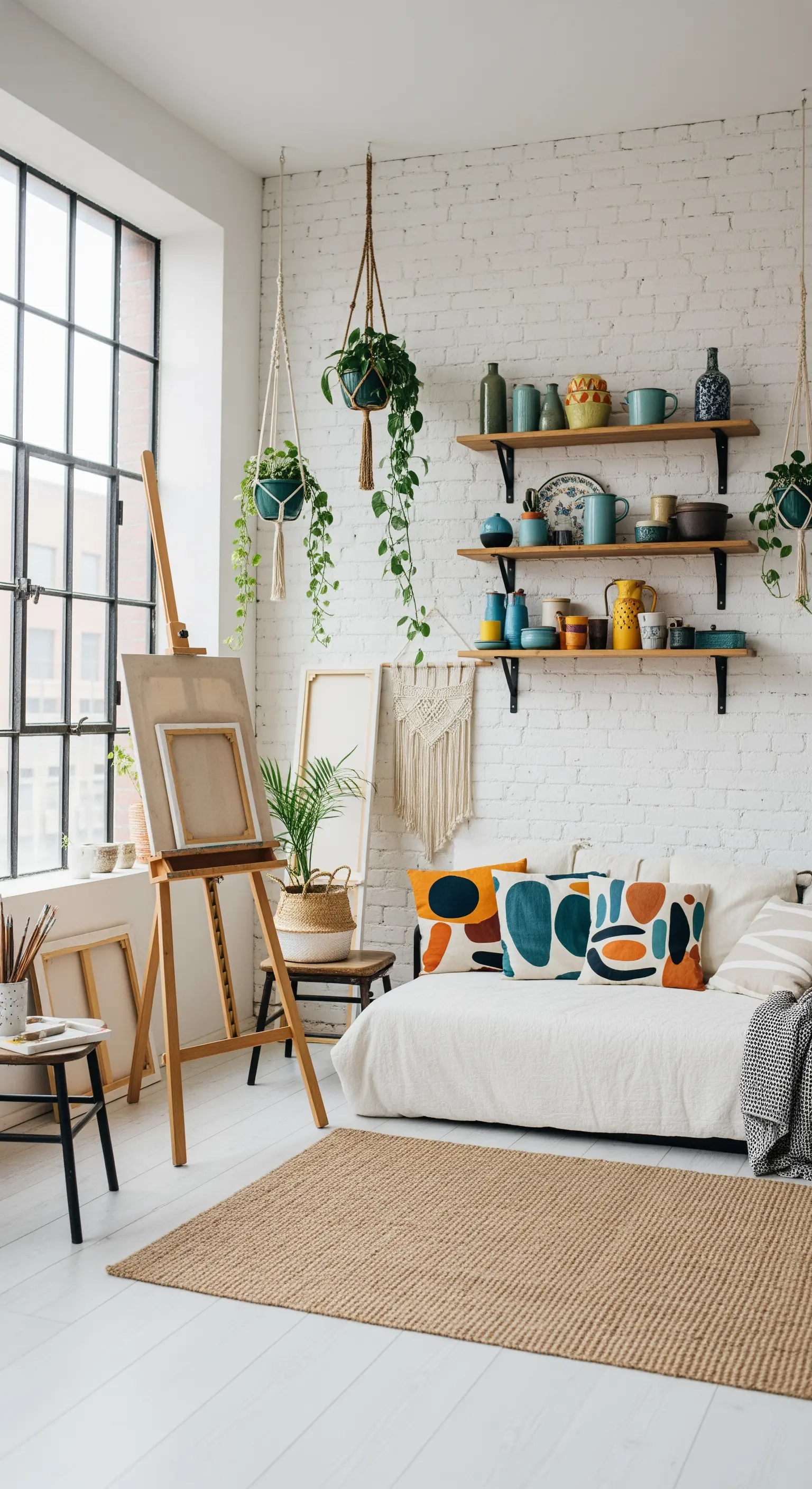 Offene Holzregale mit Keramik und Hängepflanzen an einer weißen Ziegelwand.