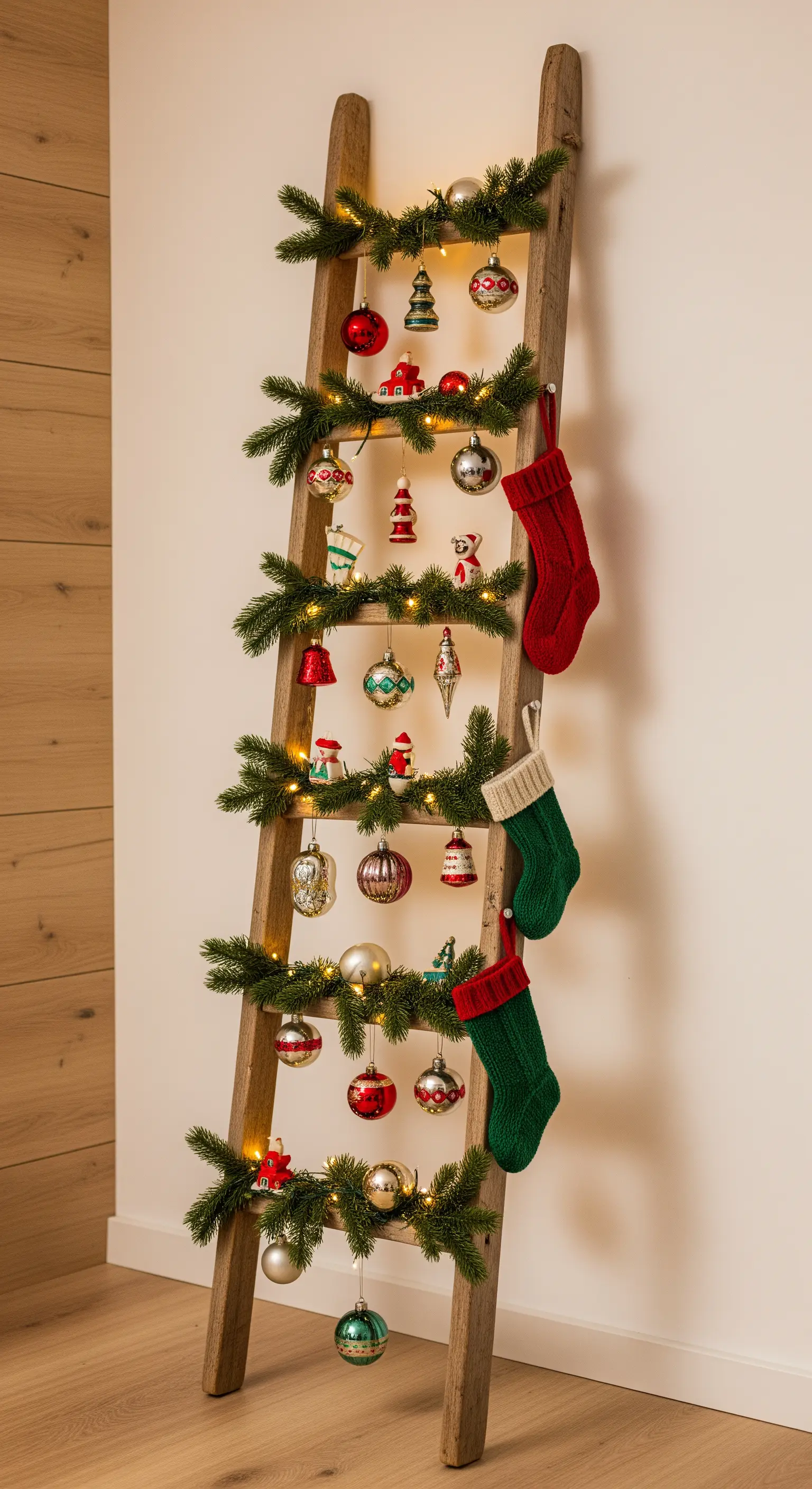 Holzleiter mit Tannengirlande, Weihnachtskugeln und Socken als alternativer Weihnachtsbaum.
