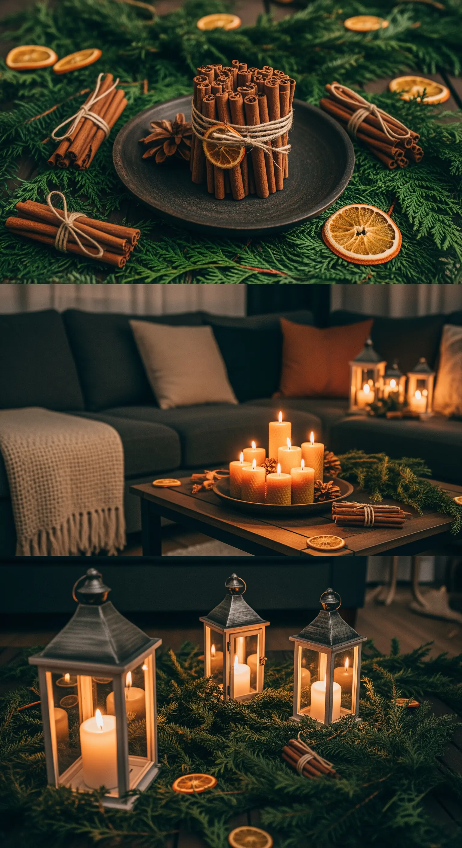 Detailaufnahmen von Winterdeko mit Zimtstangen, Tannenzweigen, Orangenscheiben und Kerzen auf einem Tisch.