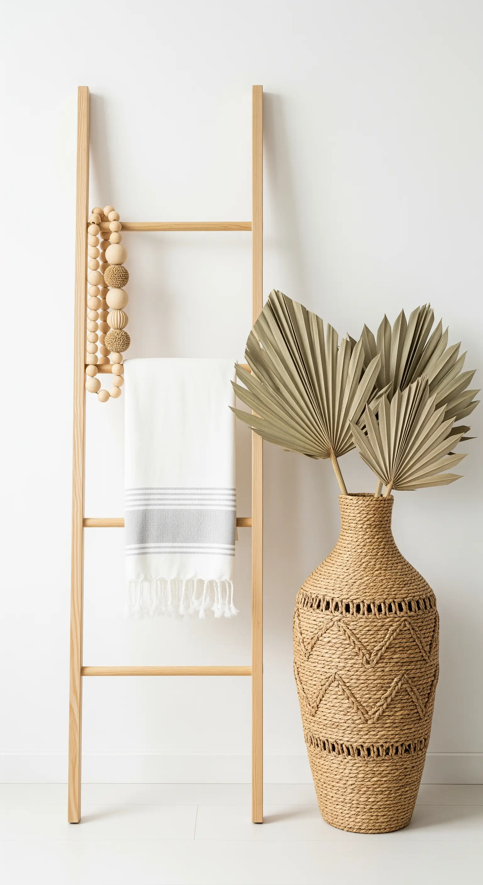 Dekorative Holzleiter, Bastvase mit Palmwedeln