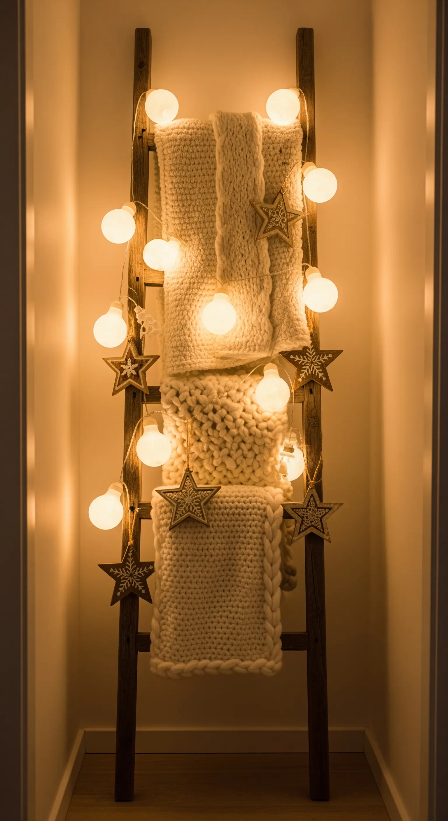 Holzleiter mit Strickdecke, Lichterkette und Holzsternen als Deko.