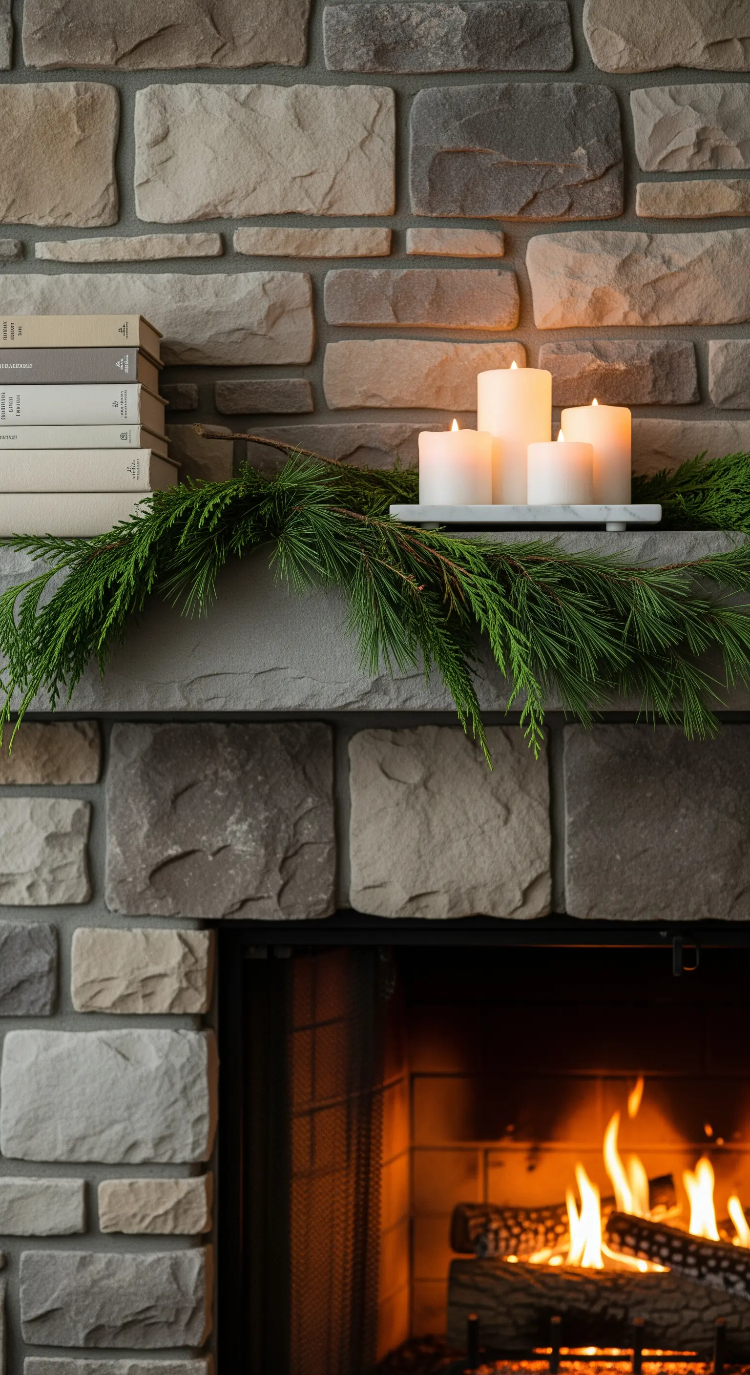 Minimalistisch dekorierter Kaminsims mit Kerzen und Tannenzweigen vor einer Steinwand.