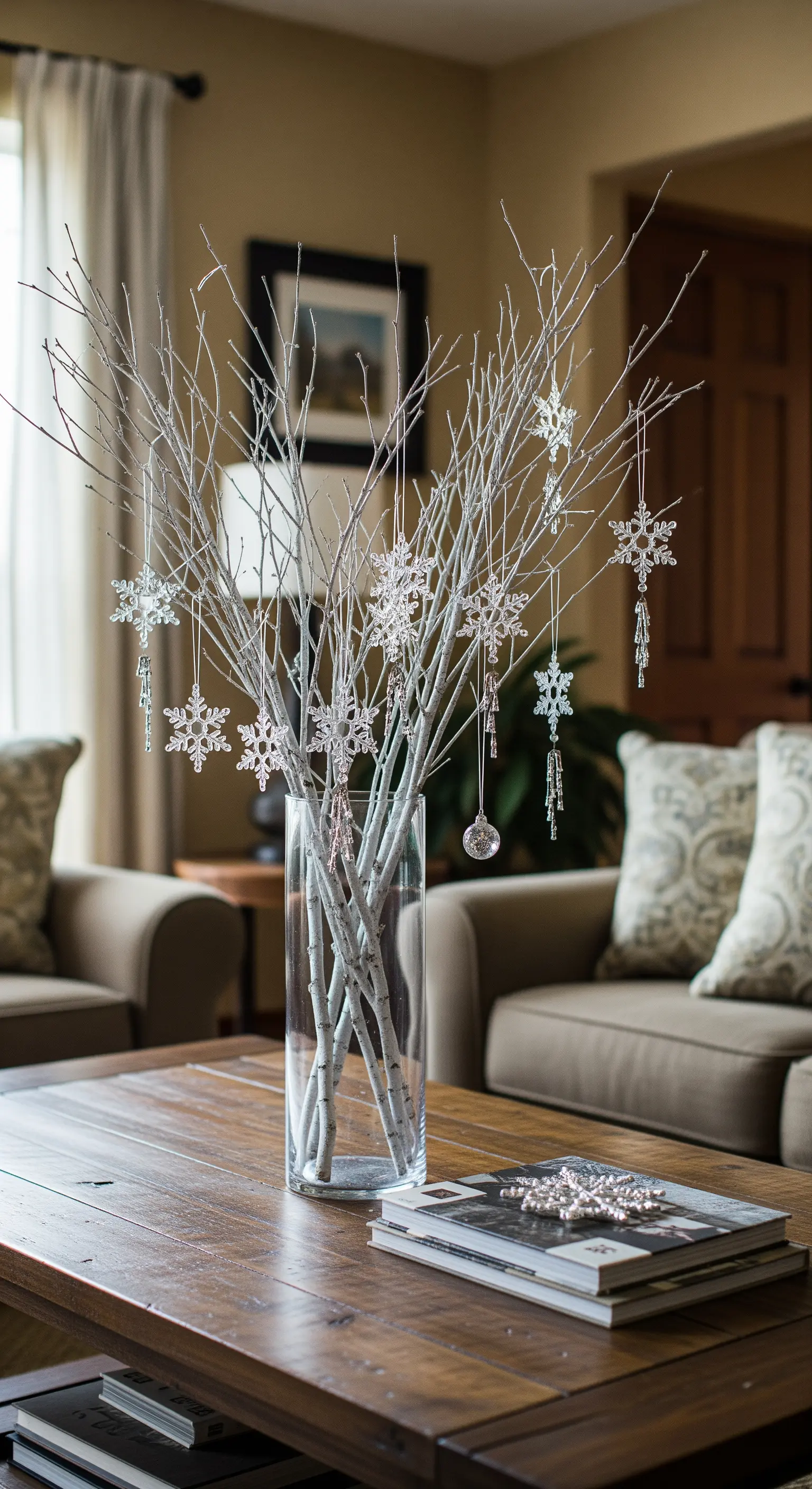 Hohe Glasvase mit weißen Zweigen, geschmückt mit filigranen Schneeflocken-Anhängern