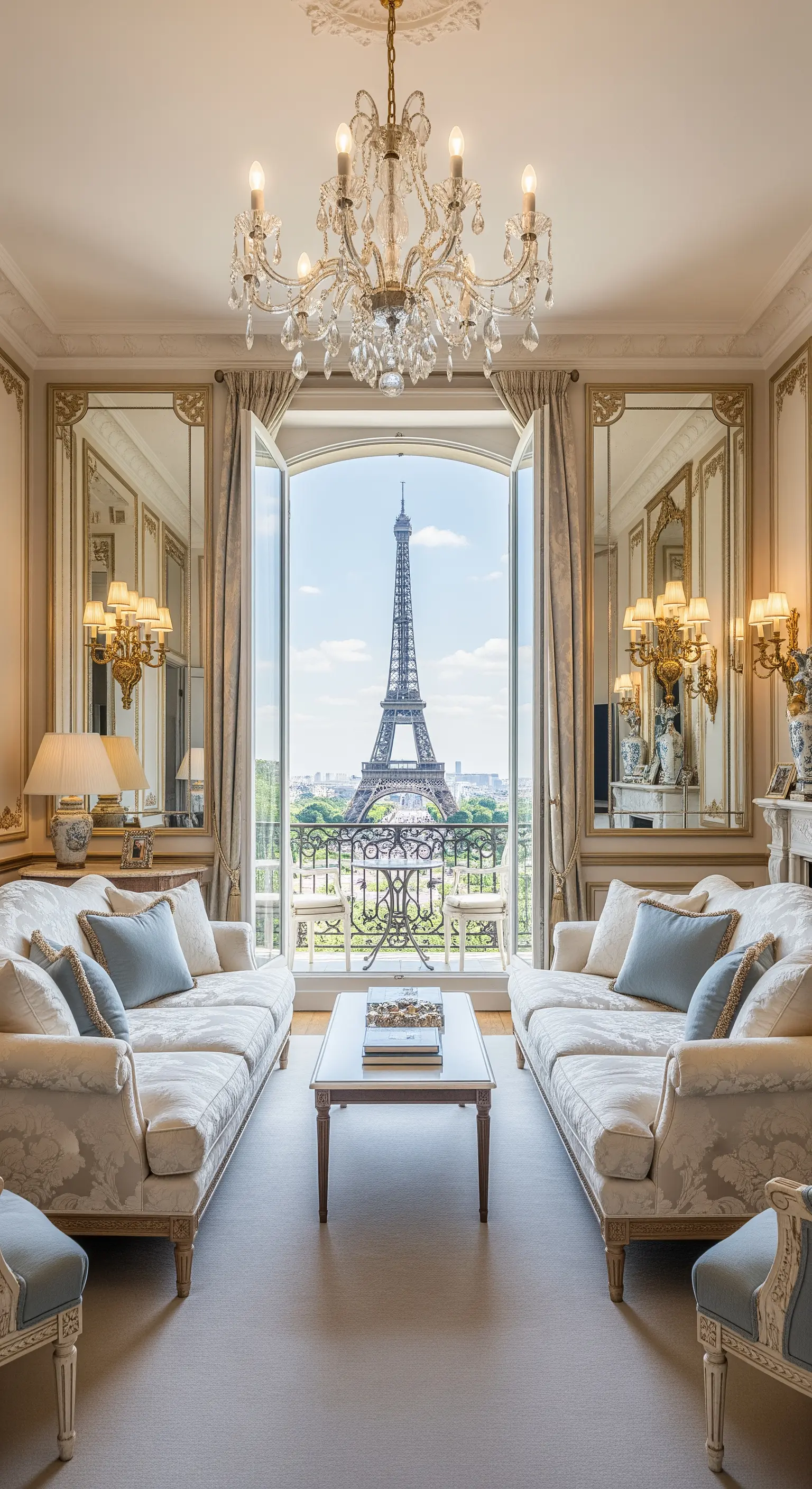 Symmetrisches Wohnzimmer mit zwei Sofas, die den Blick auf den Eiffelturm rahmen.