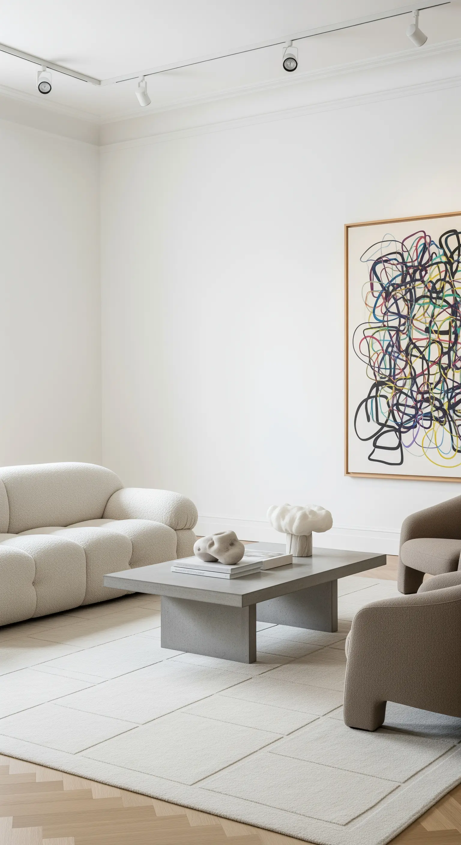 Minimalistisches Wohnzimmer mit weißen Wänden, skulpturalen Möbeln und einem großen abstrakten Gemälde.