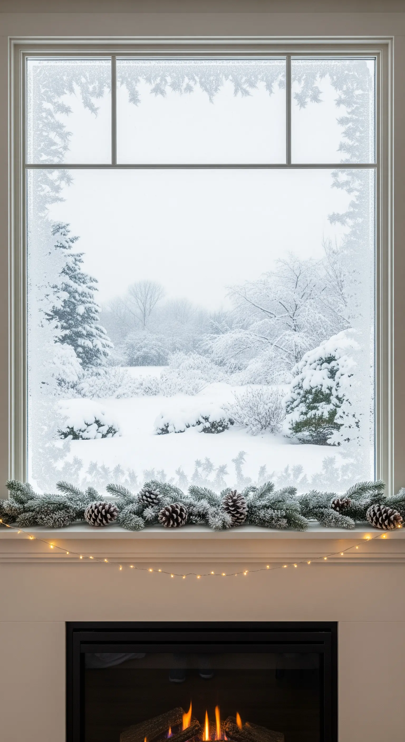 Blick durch ein vereistes Fenster über einem schlicht dekorierten Kamin.