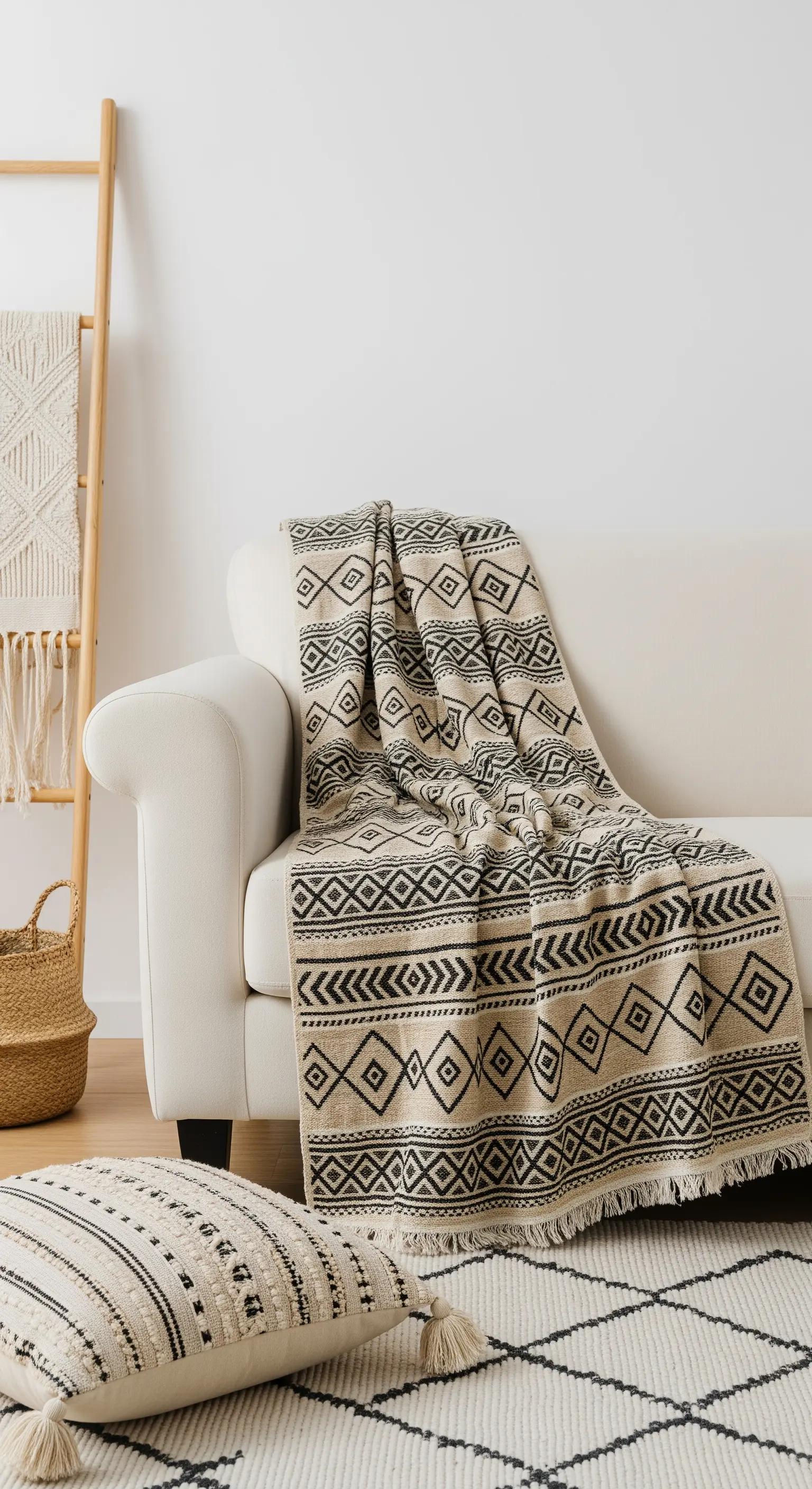 Grafisch gemusterte Decke in Schwarz-Beige lässig über ein weißes Sofa geworfen.