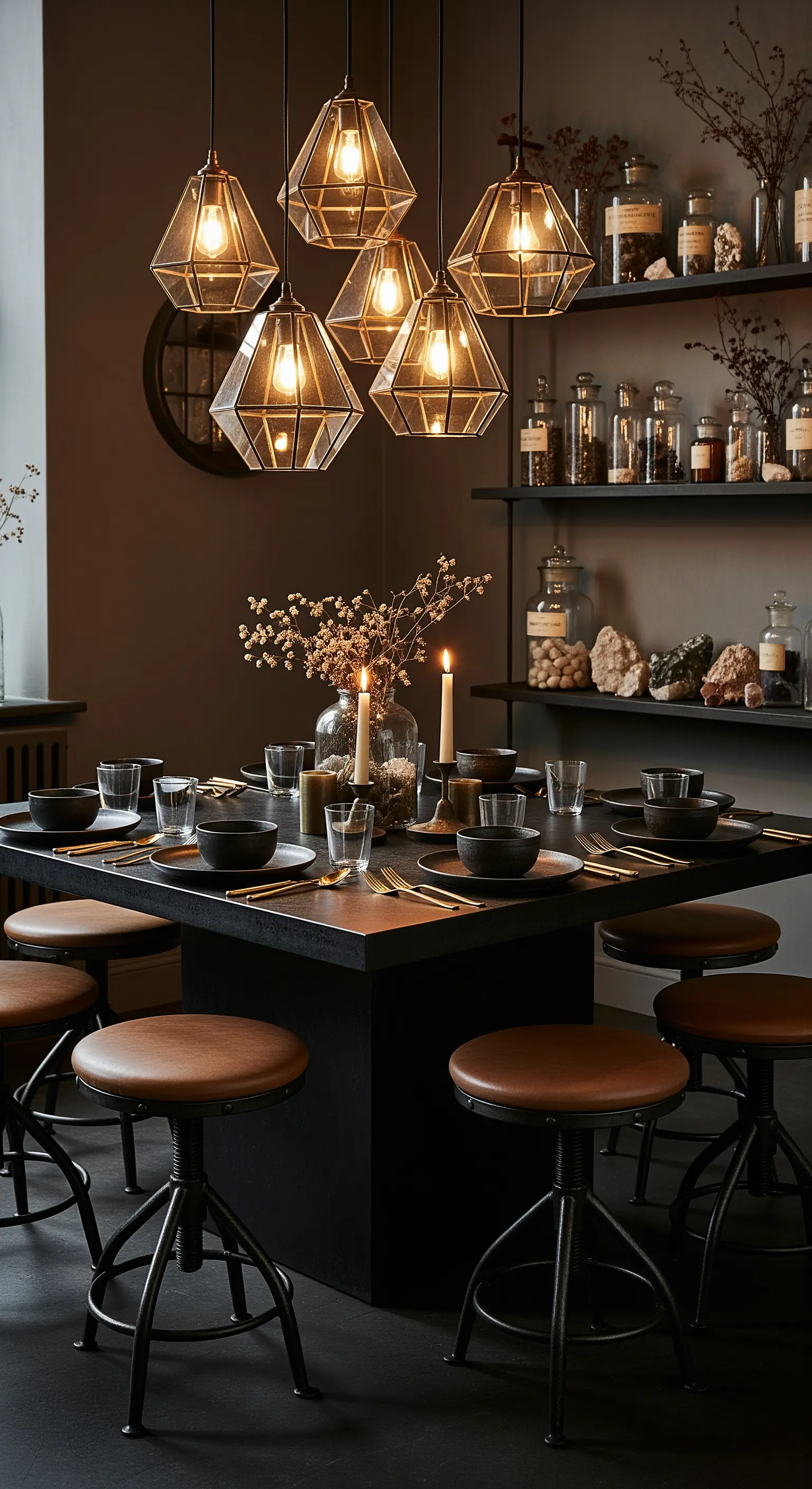 Schwarzer Esstisch mit Industriehockern und einer Sammlung von Apothekergläsern.