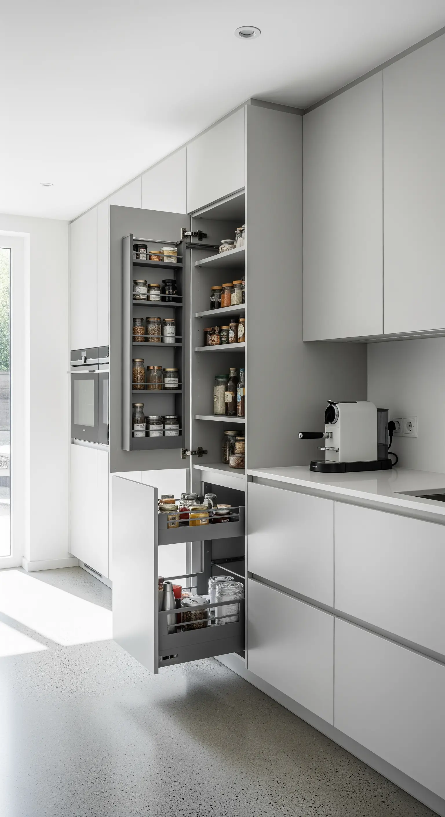 Moderner ausziehbarer Apothekerschrank in einer hellgrauen minimalistischen Küche.