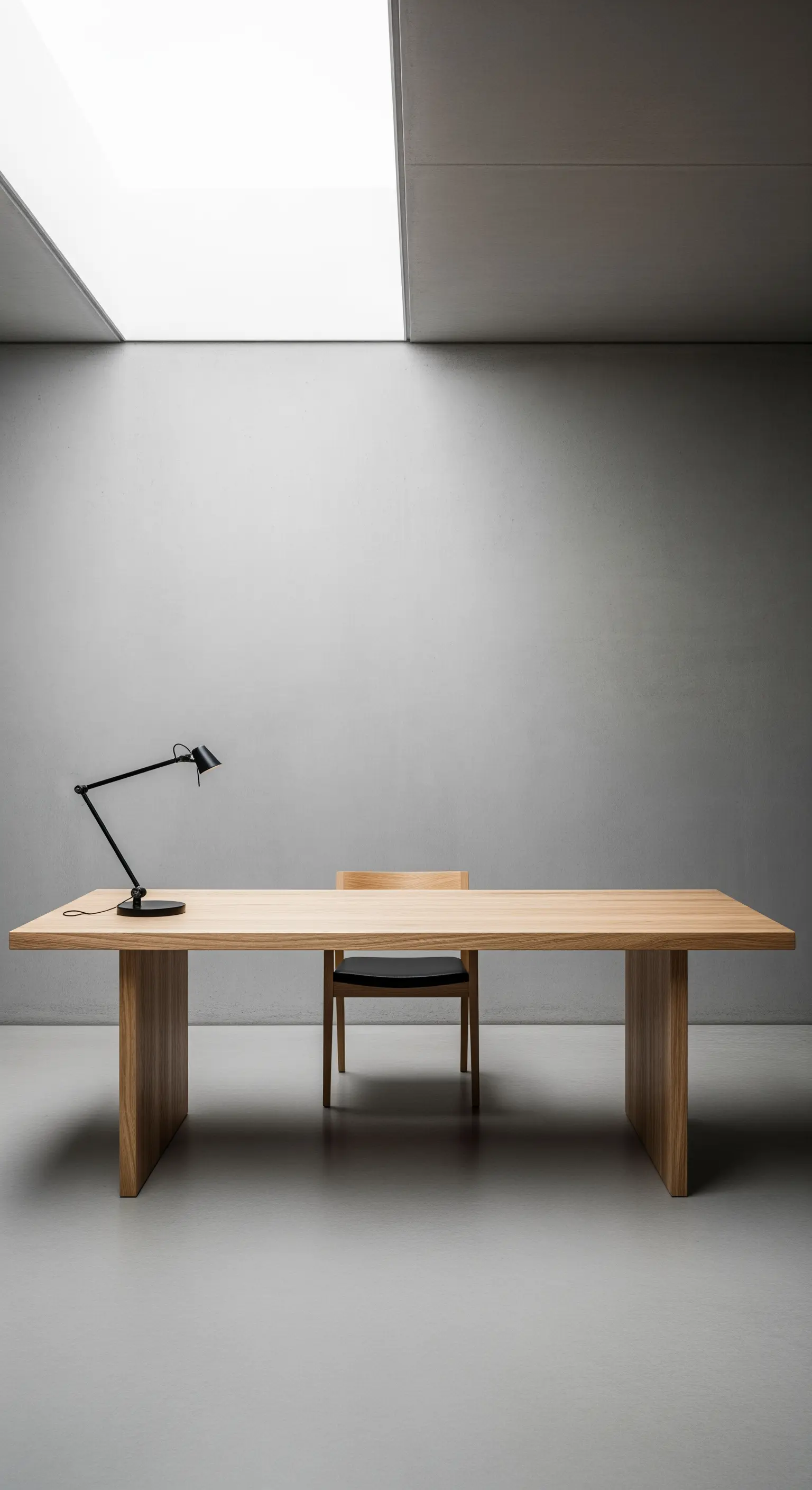 Minimalistischer Arbeitsplatz mit großem Holztisch und schwarzer Lampe vor einer Betonwand.
