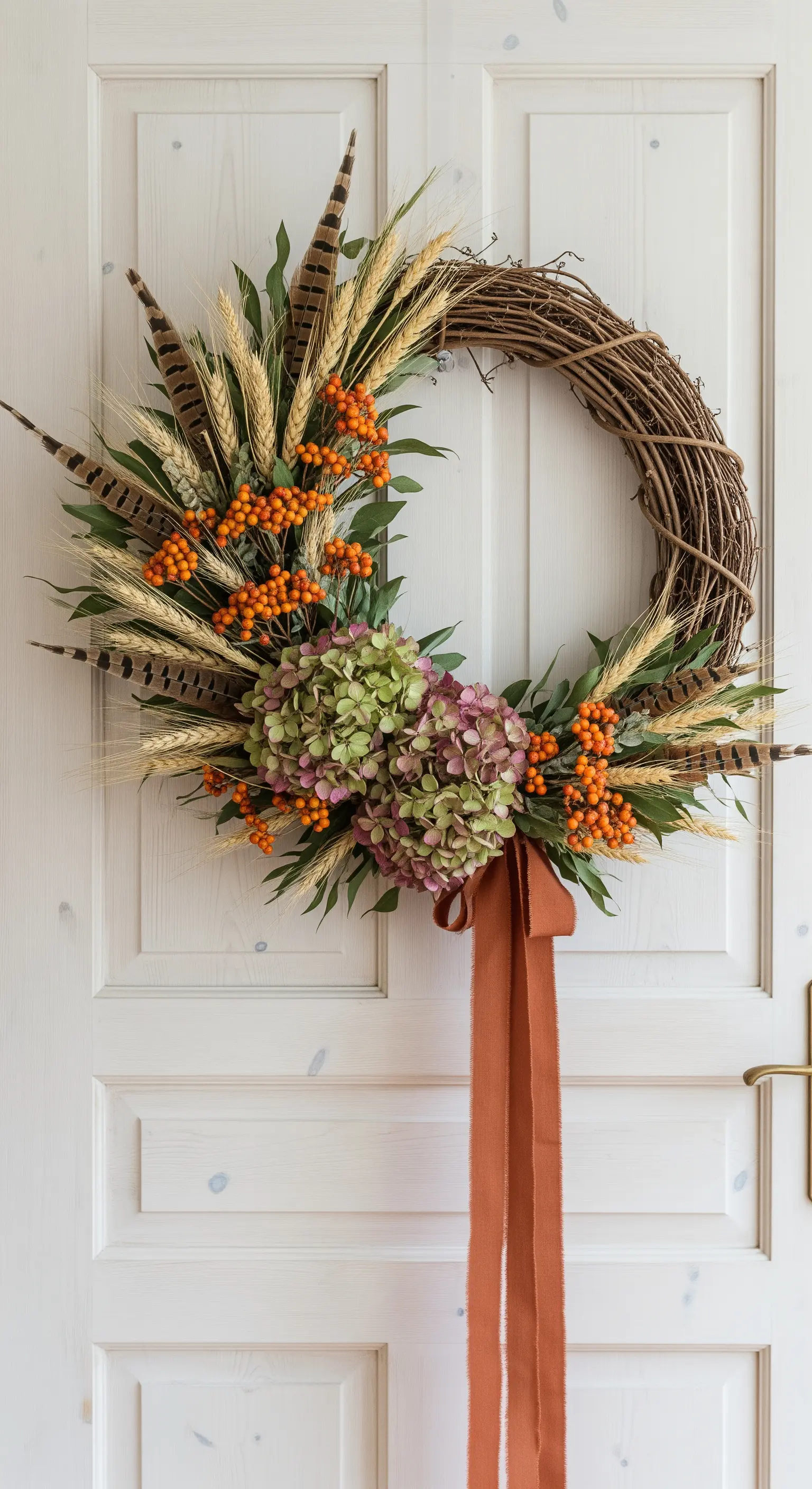 Asymmetrischer Herbstkranz an einer weißen Tür mit Federn, Gräsern und Beeren.