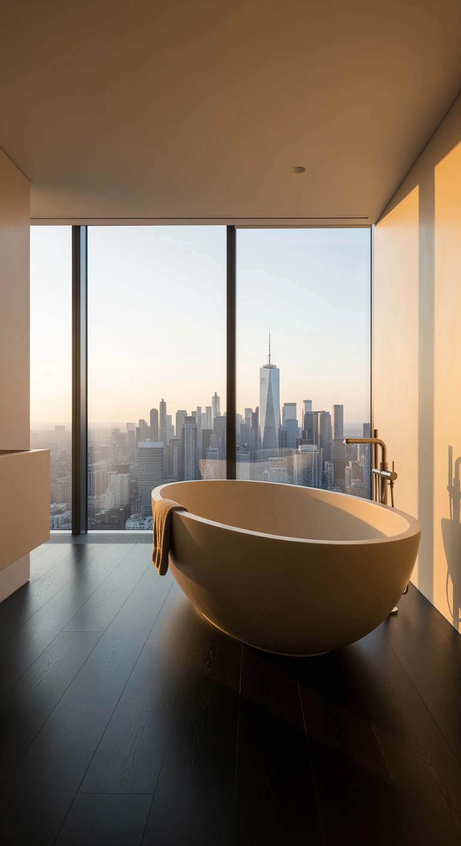 Freistehende Badewanne vor einem Panoramafenster mit Blick auf eine Skyline bei Sonnenuntergang.