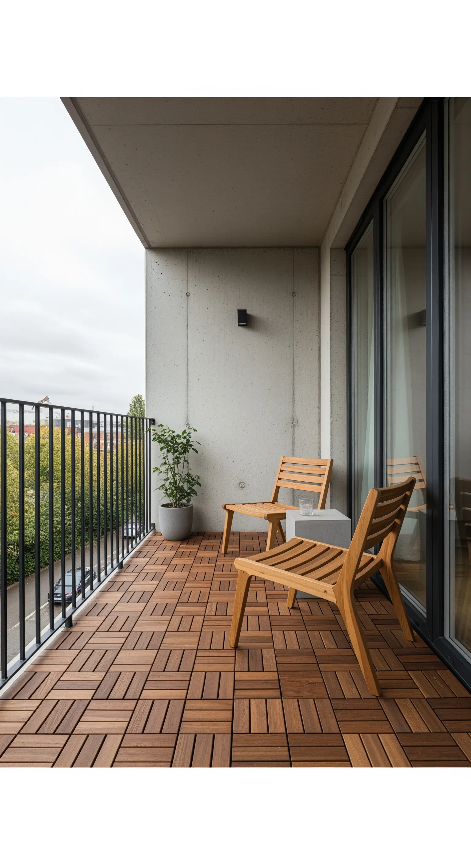 Minimalistischer Balkon mit Holzbodenfliesen und Holzstühlen vor einer Betonwand.