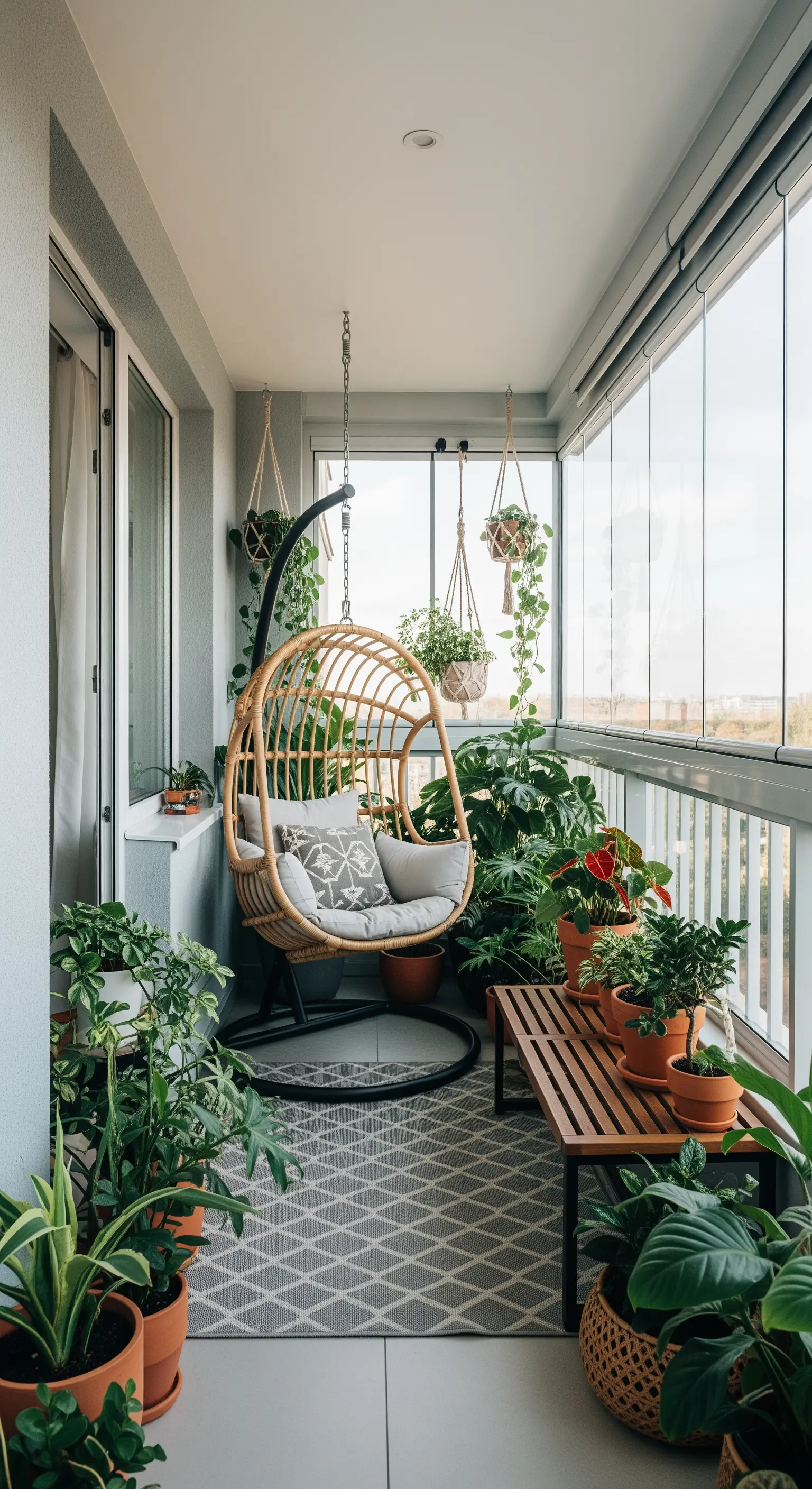 Verglaster Balkon als Urban Jungle mit Rattan-Hängesessel und vielen Zimmerpflanzen.