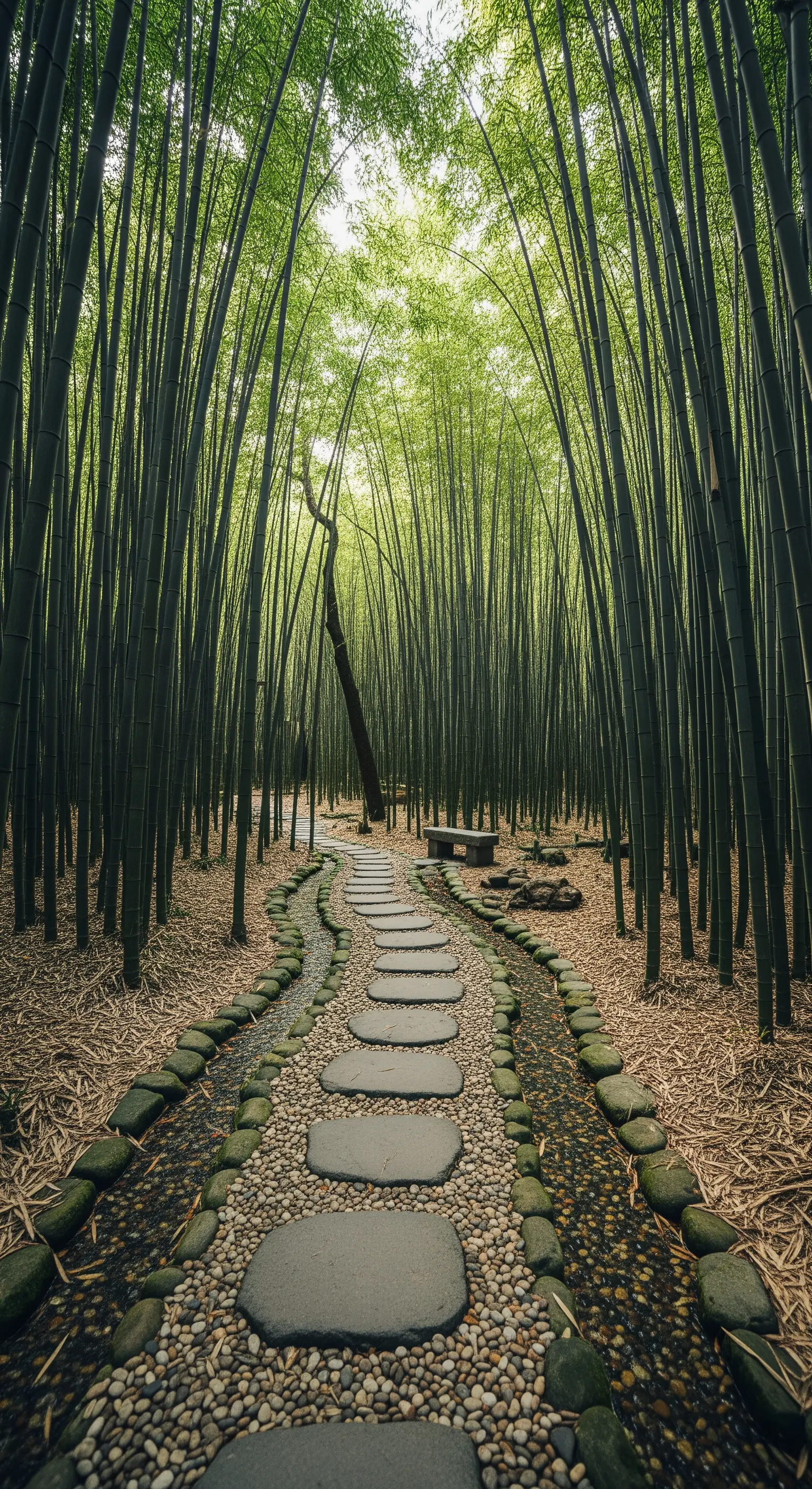 Geschwungener Steinpfad, der durch einen dichten, hohen Bambuswald führt.