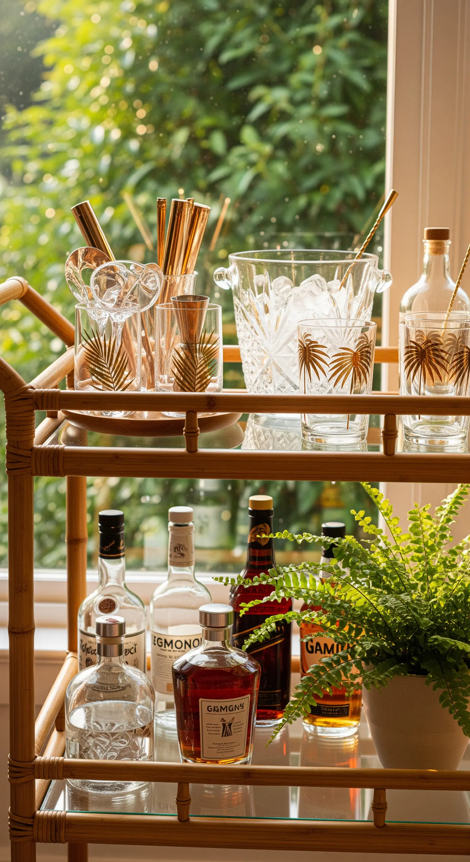 Barwagen aus Bambus mit goldenen Palmendruck-Gläsern und Kristall-Eiskübel