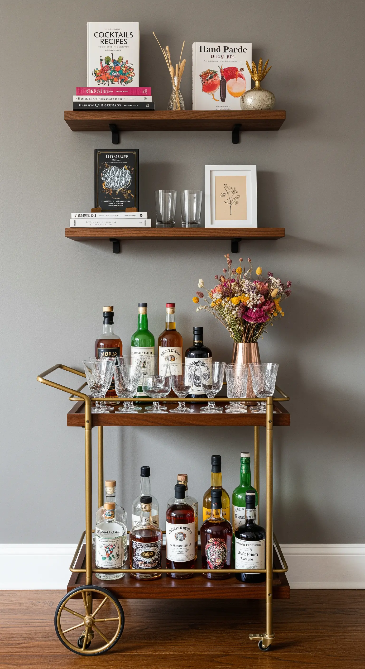 Stilvoller Barwagen aus Holz und Messing mit Büchern und Trockenblumen vor einer grauen Wand.