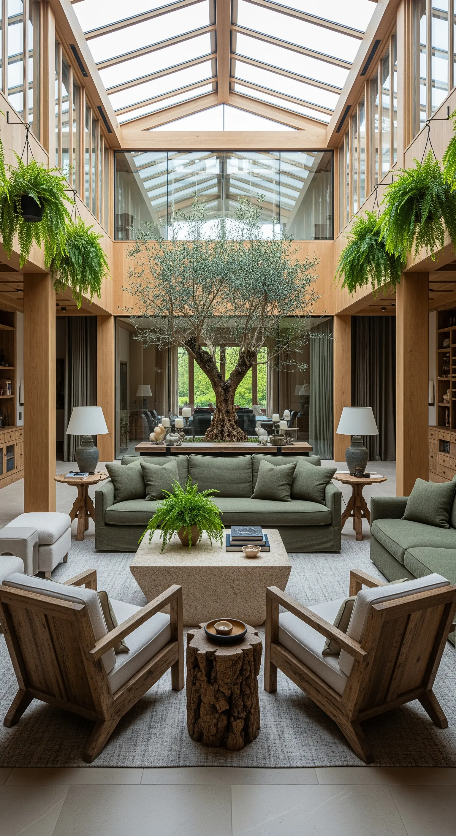 Großes Atrium-Wohnzimmer mit einem Olivenbaum in der Mitte und grünen Sofas.