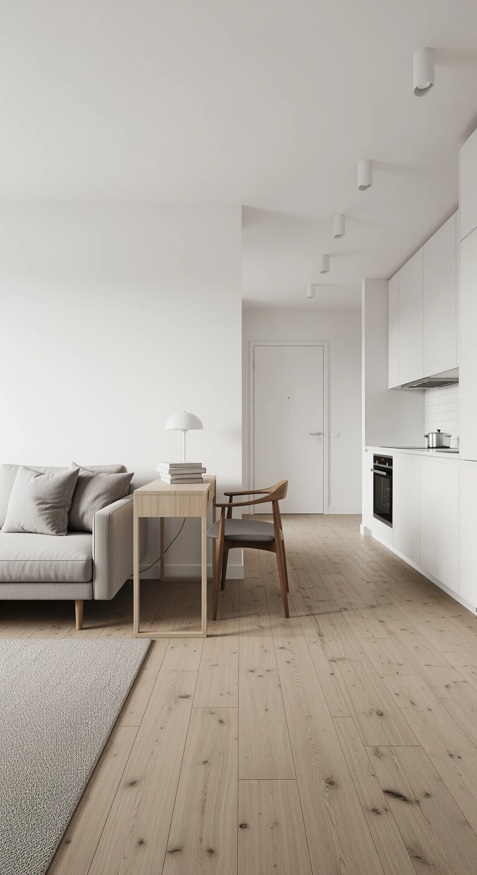 Schmaler Holztisch als flexibler Arbeitsplatz neben einem grauen Sofa