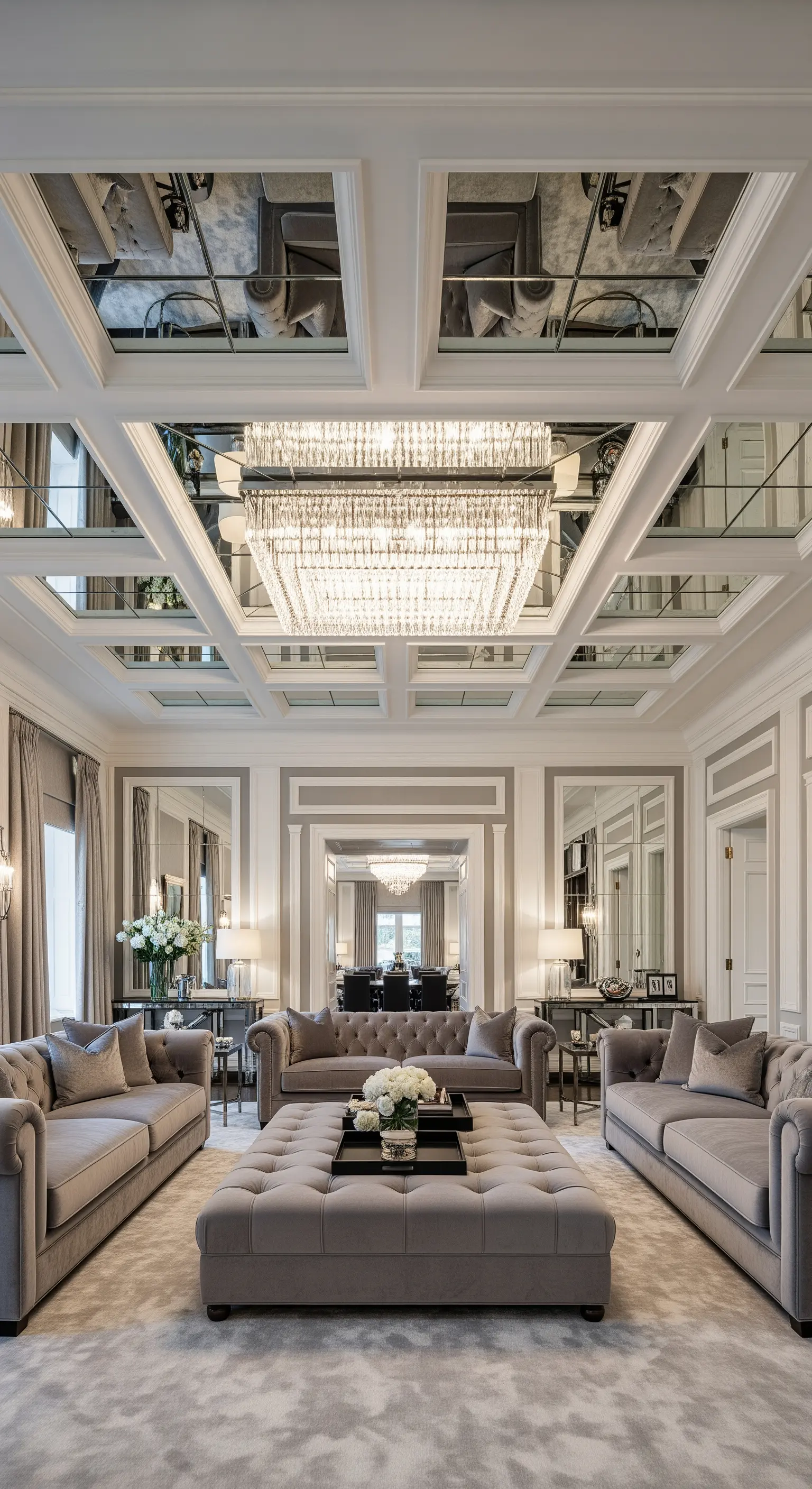 Elegantes Wohnzimmer mit einer Kassettendecke, in die Spiegel eingelegt sind.