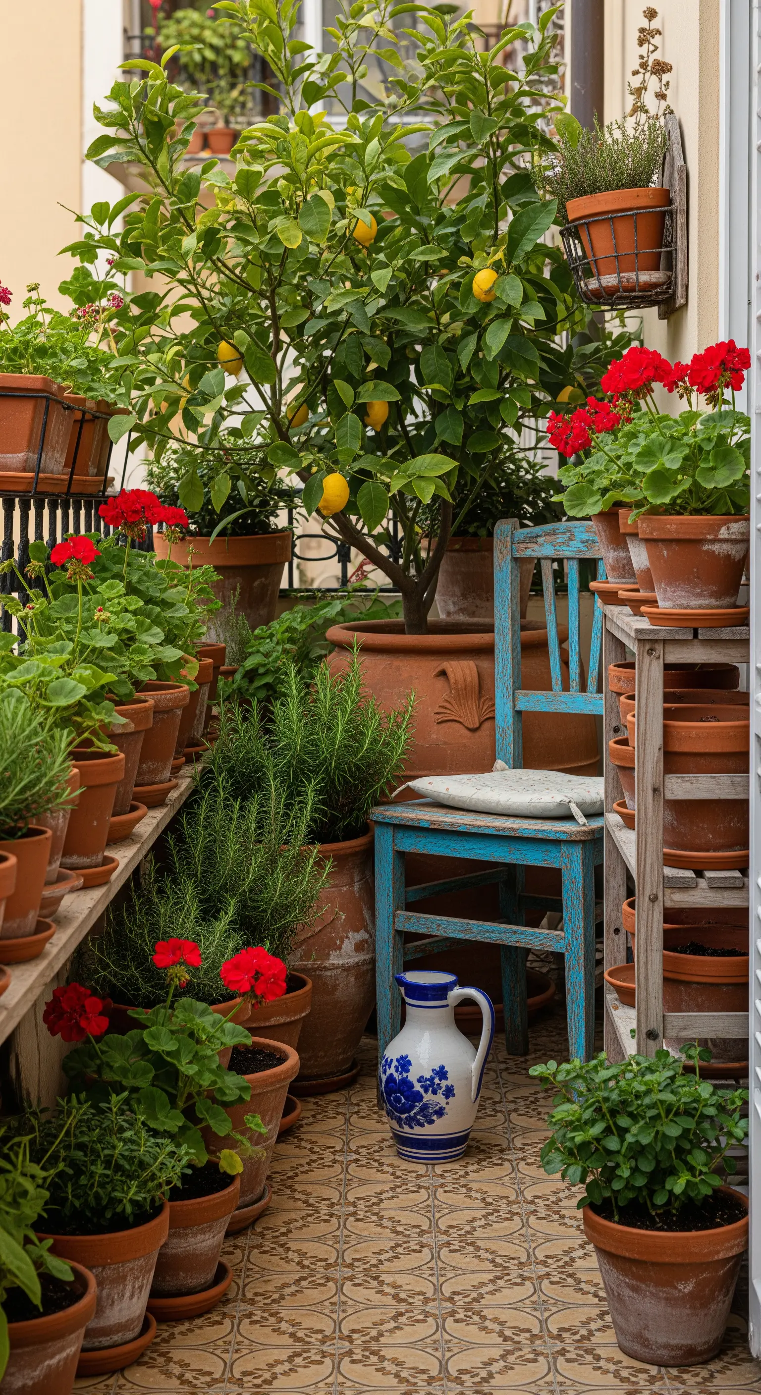 Üppig bepflanzter Balkon mit vielen Terrakottatöpfen, Geranien und einem blauen Holzstuhl.