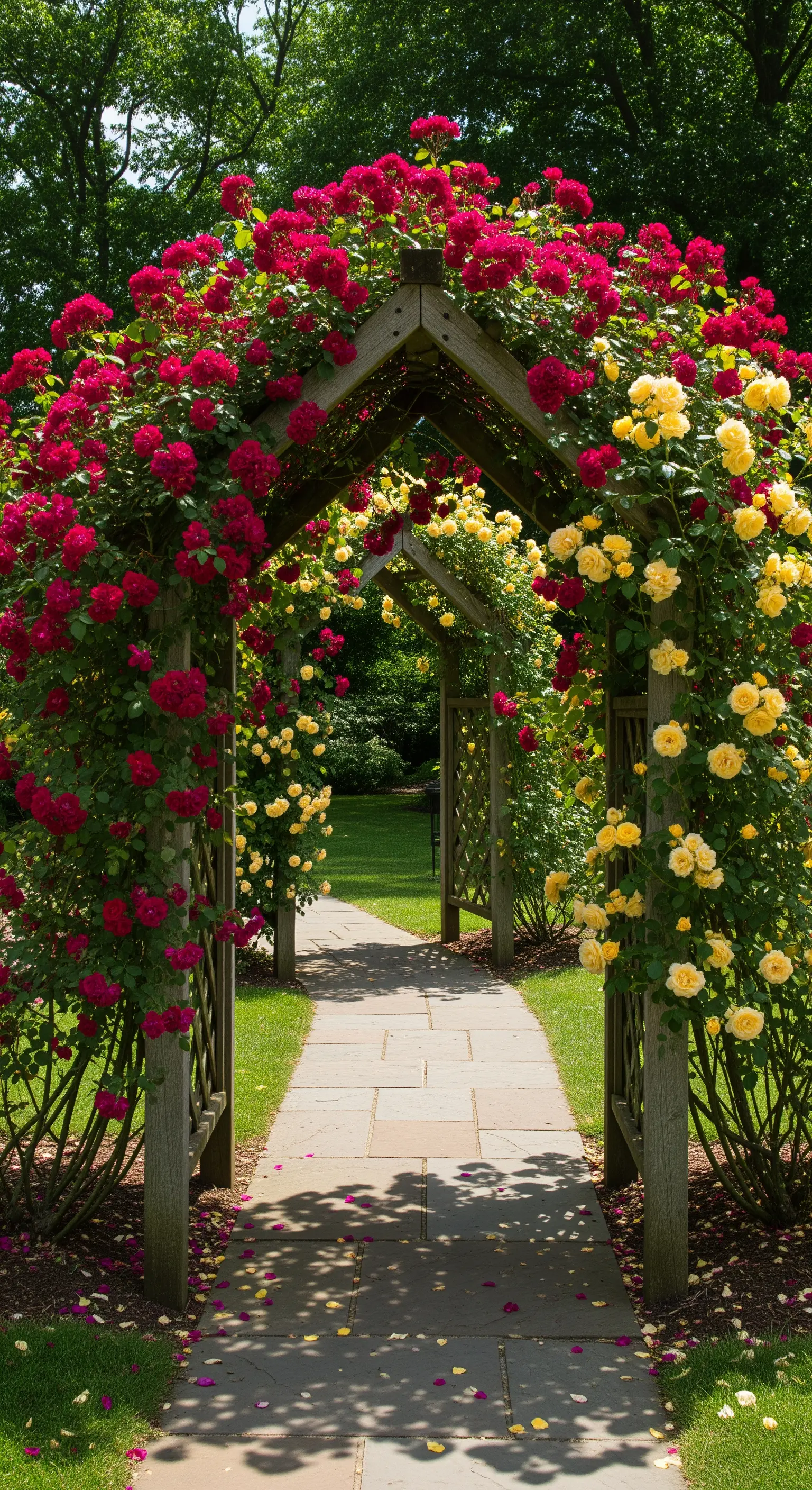 Holzbogen mit roten und gelben Kletterrosen über einem Gartenweg