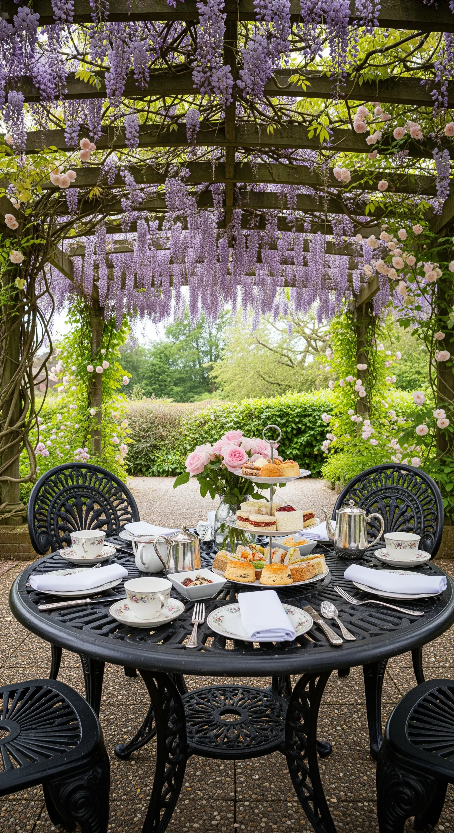 Nachmittagstee unter einer von Glyzinien und Rosen bewachsenen Pergola